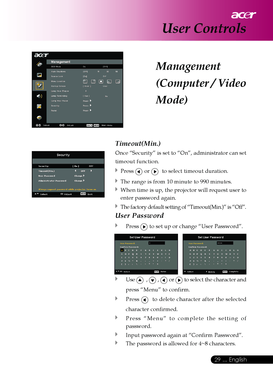 Acer PD126D series, PD117D series manual TimeoutMin 