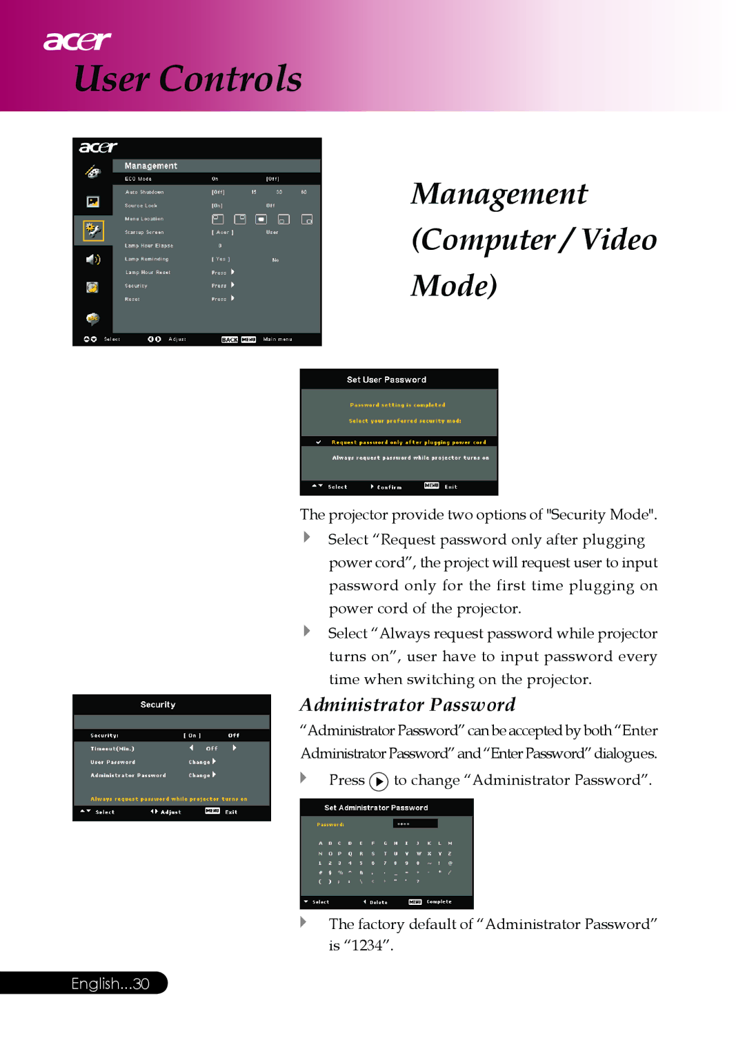 Acer PD117D series, PD126D series manual Administrator Password 