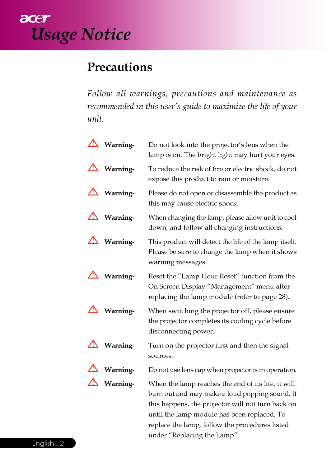 Acer PD117D series, PD126D series manual Usage Notice, Precautions 