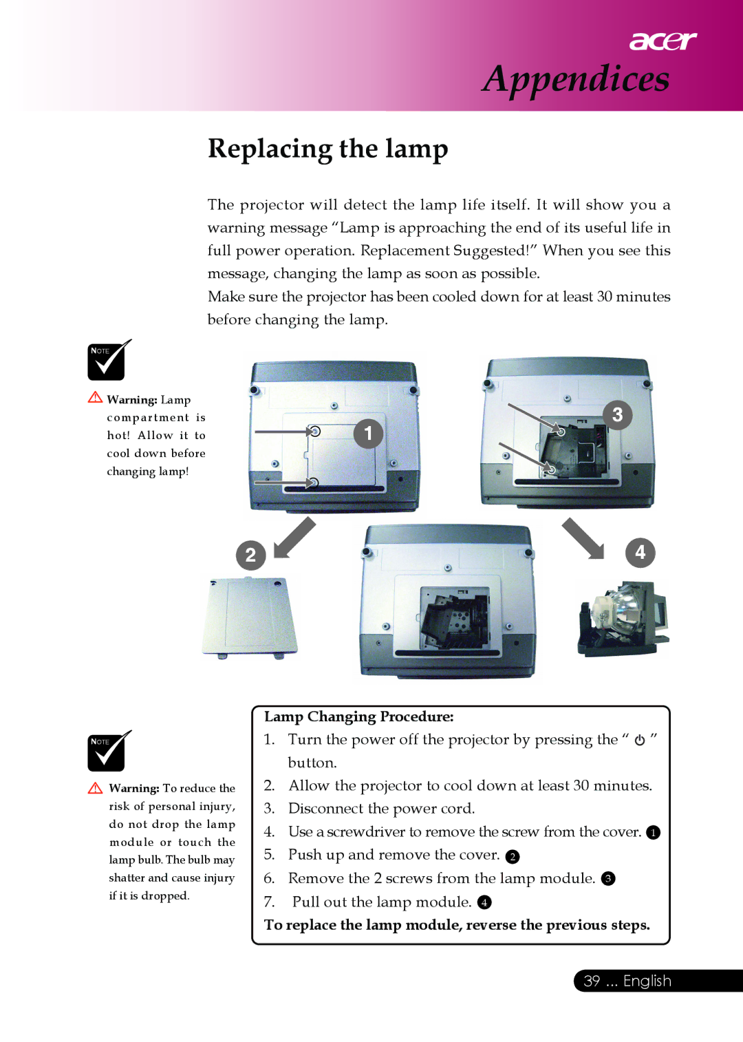 Acer PD126D series Replacing the lamp, Lamp Changing Procedure, To replace the lamp module, reverse the previous steps 