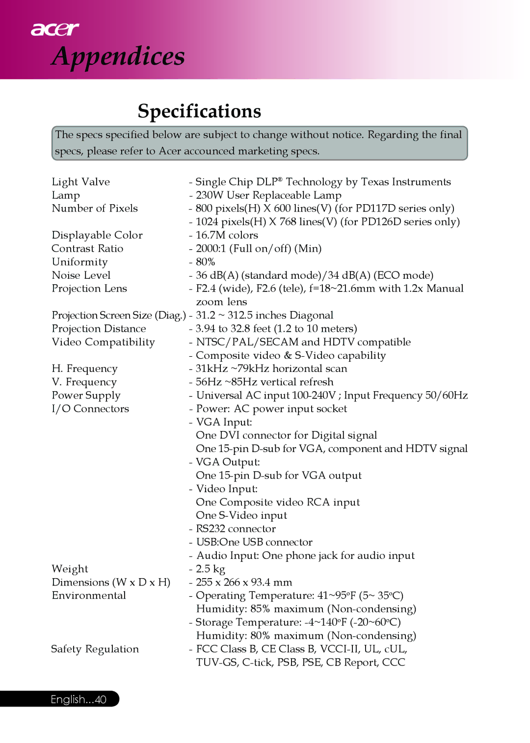 Acer PD117D series, PD126D series manual Specifications 