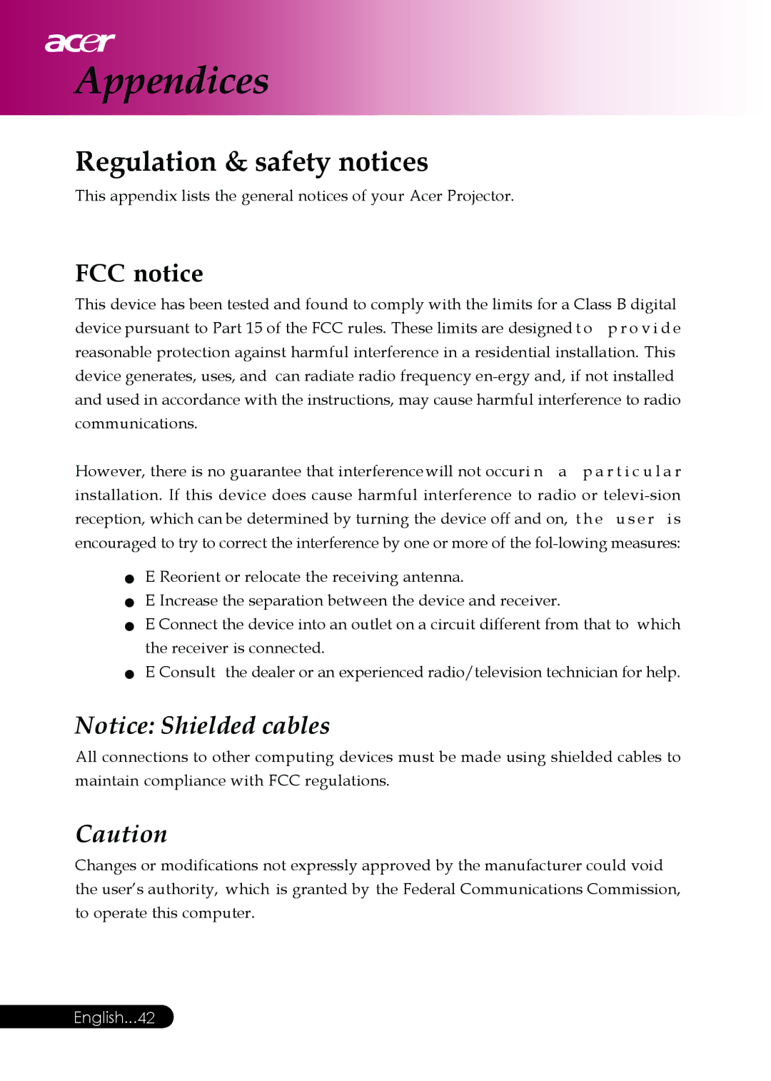 Acer PD117D series, PD126D series manual Regulation & safety notices, FCC notice 