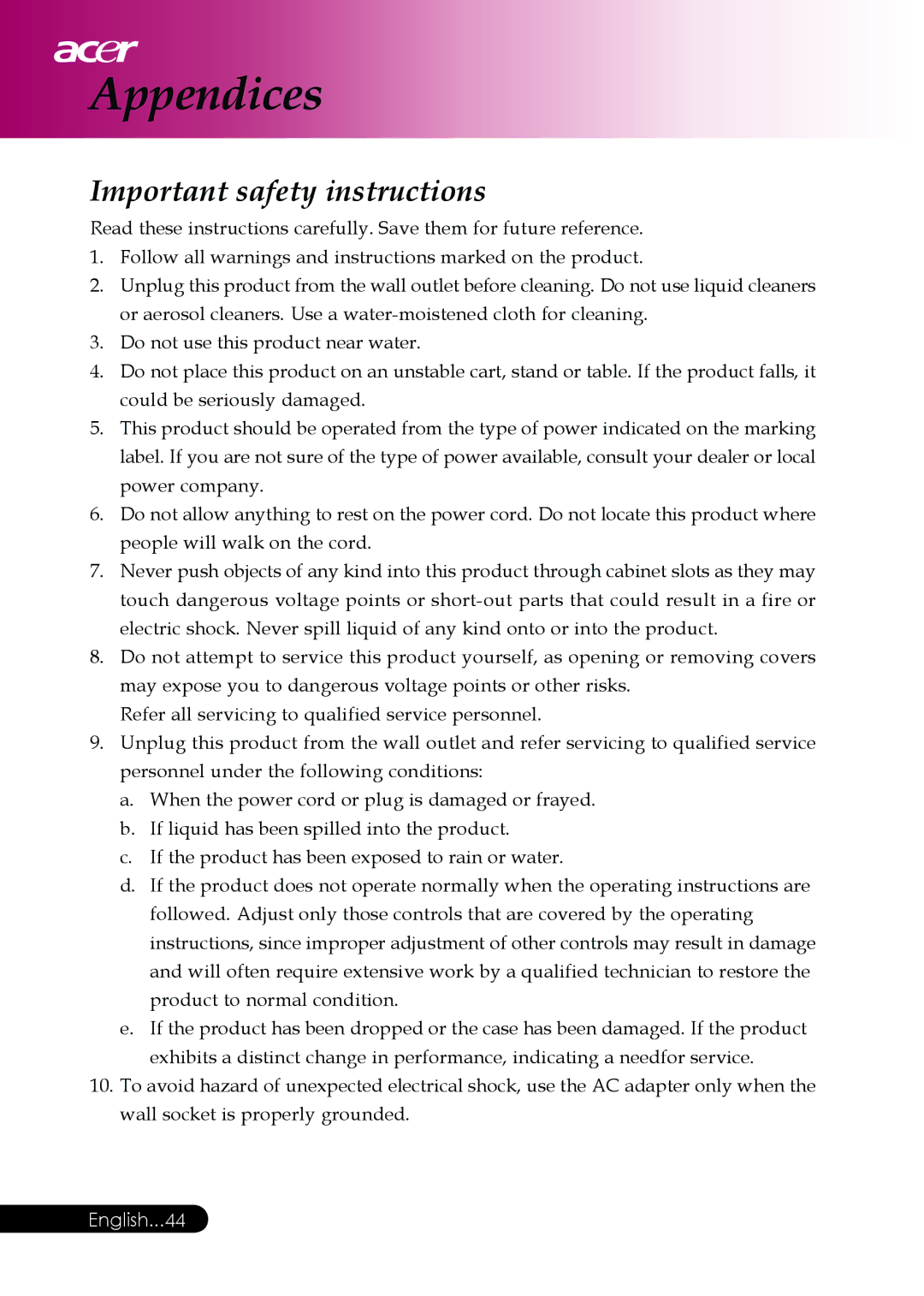 Acer PD117D series, PD126D series manual Important safety instructions 