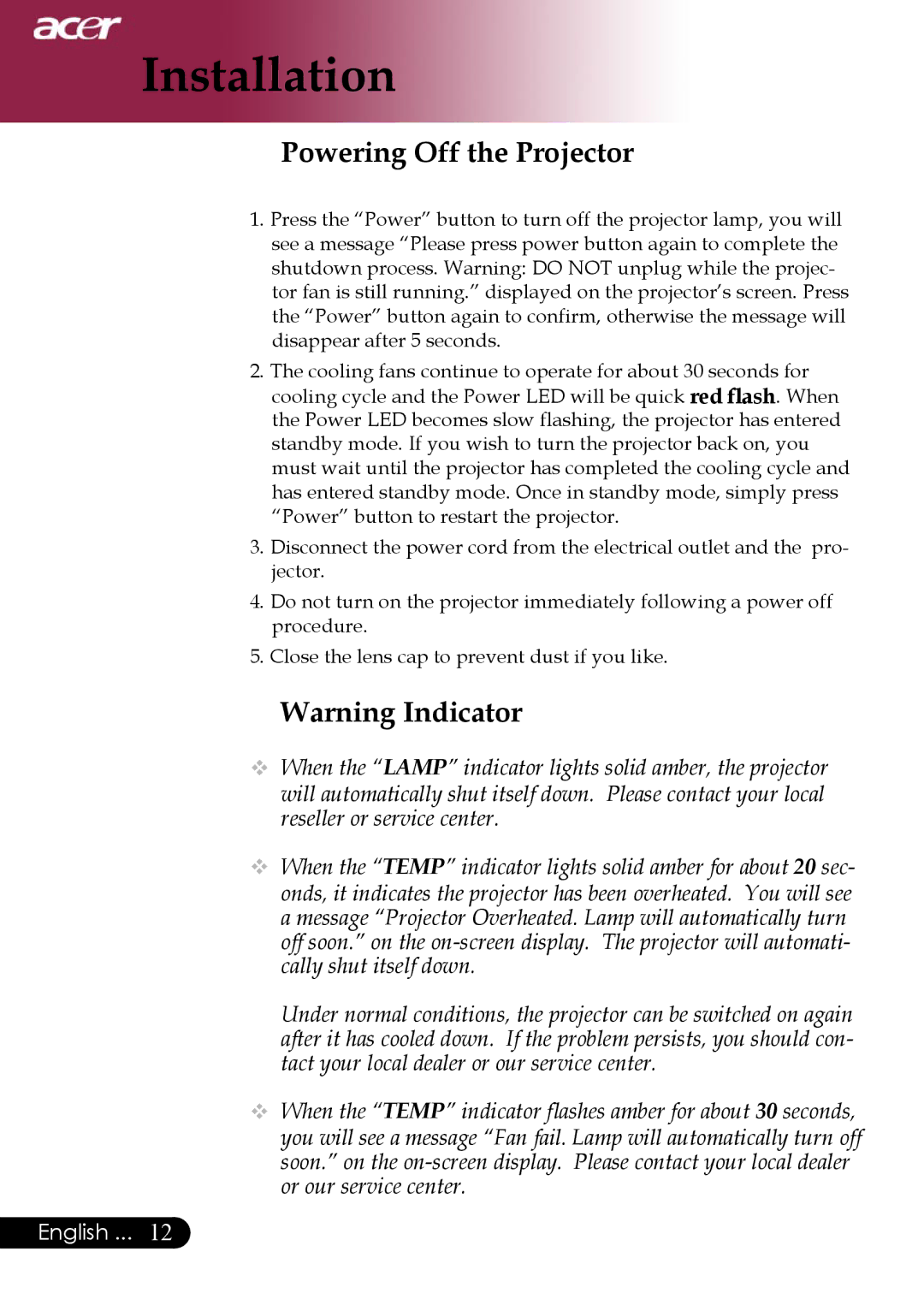 Acer PD323, PD311 manual Powering Off the Projector 