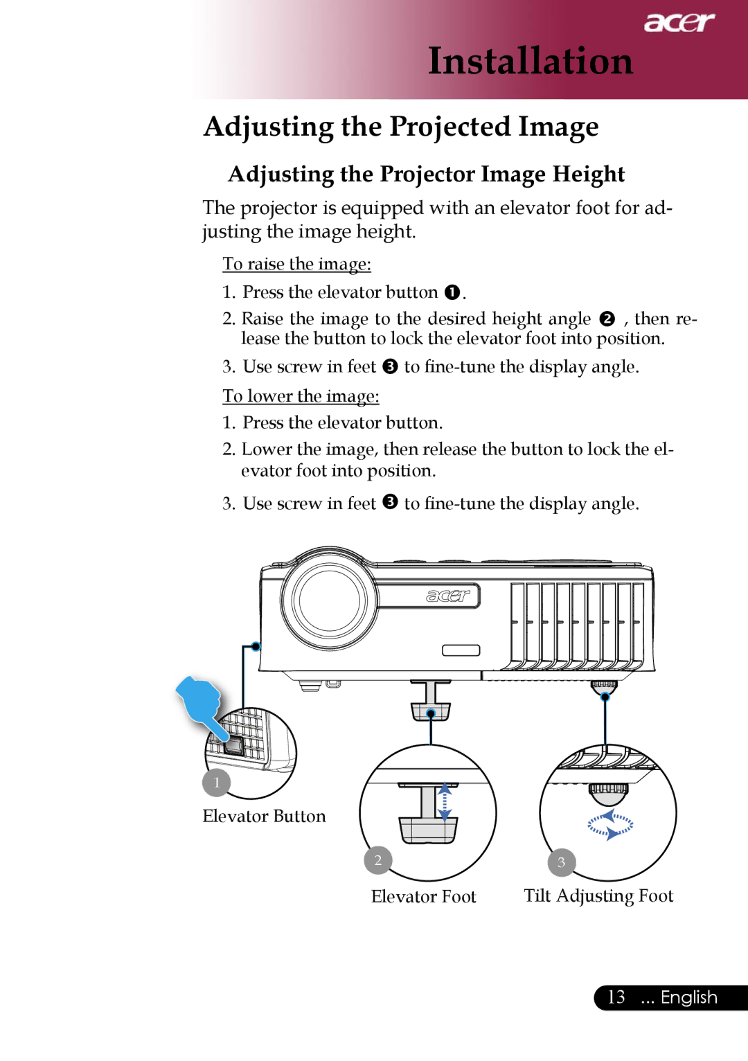 Acer PD311, PD323 manual Adjusting the Projected Image, Adjusting the Projector Image Height 