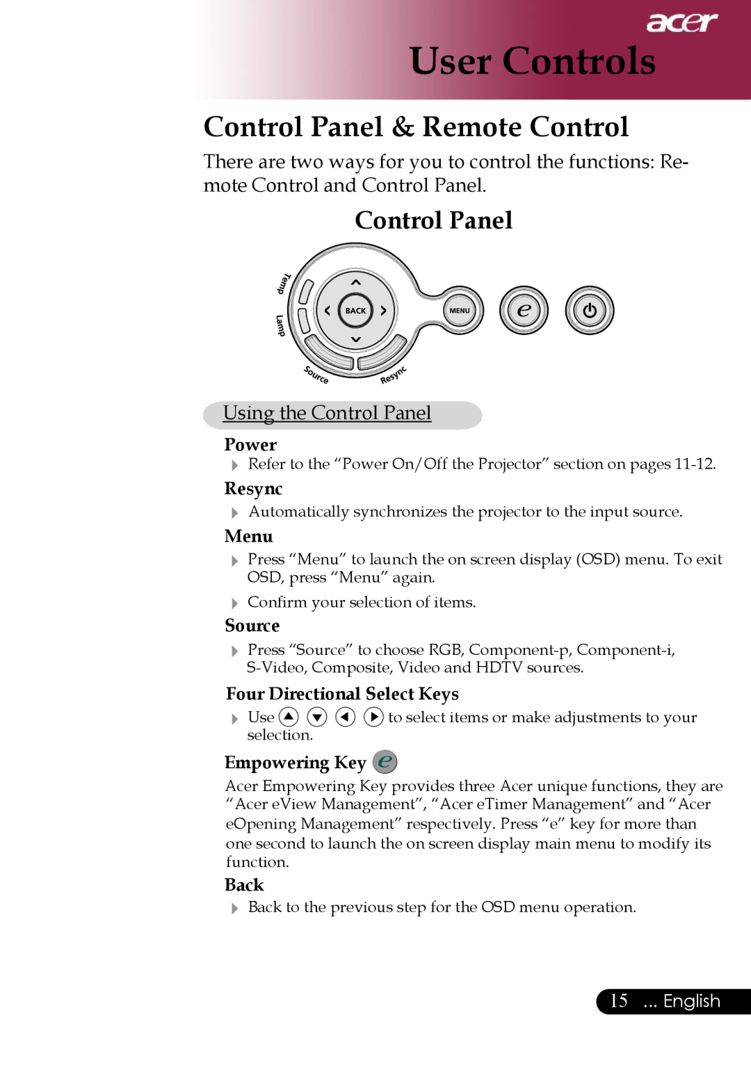 Acer PD311, PD323 manual User Controls, Control Panel & Remote Control 