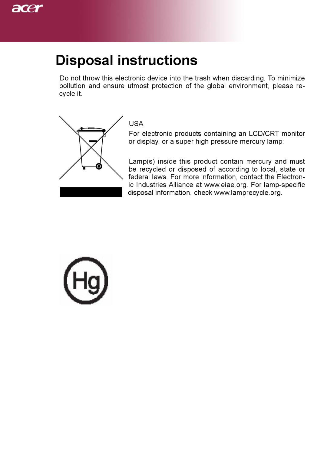 Acer PD323, PD311 manual Disposal instructions 