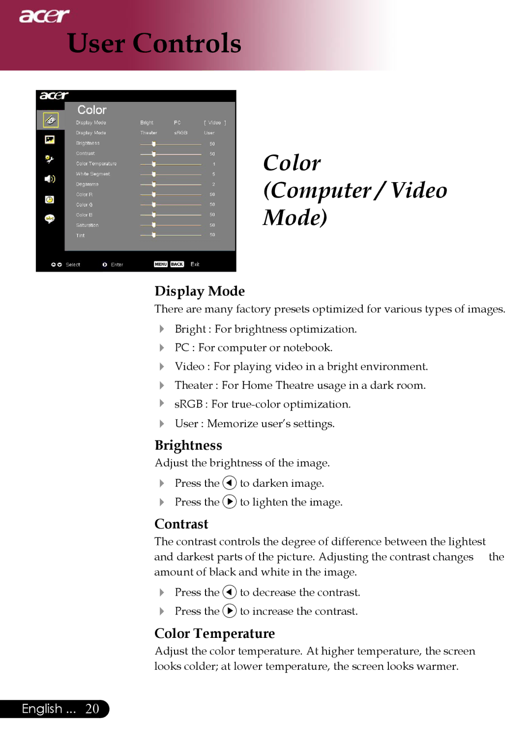 Acer PD323, PD311 manual Color Computer / Video Mode, Display Mode, Brightness, Contrast, Color Temperature 