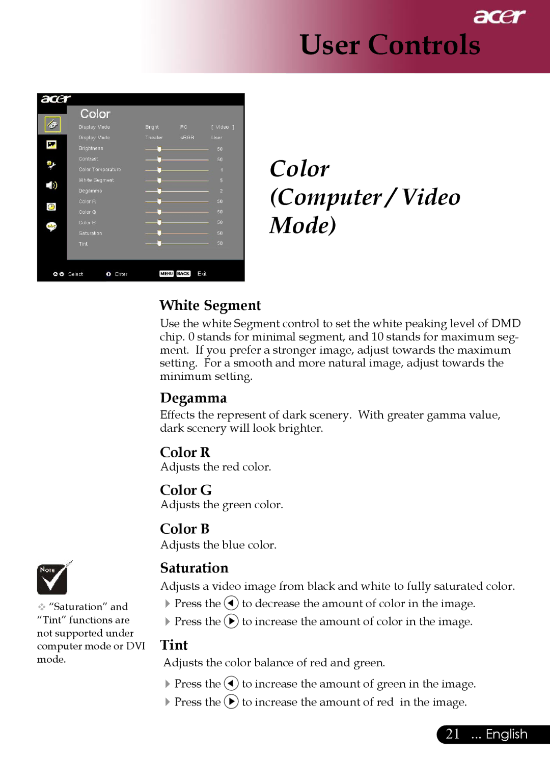 Acer PD311, PD323 manual White Segment, Degamma, Color R, Color G, Color B, Saturation, Tint 