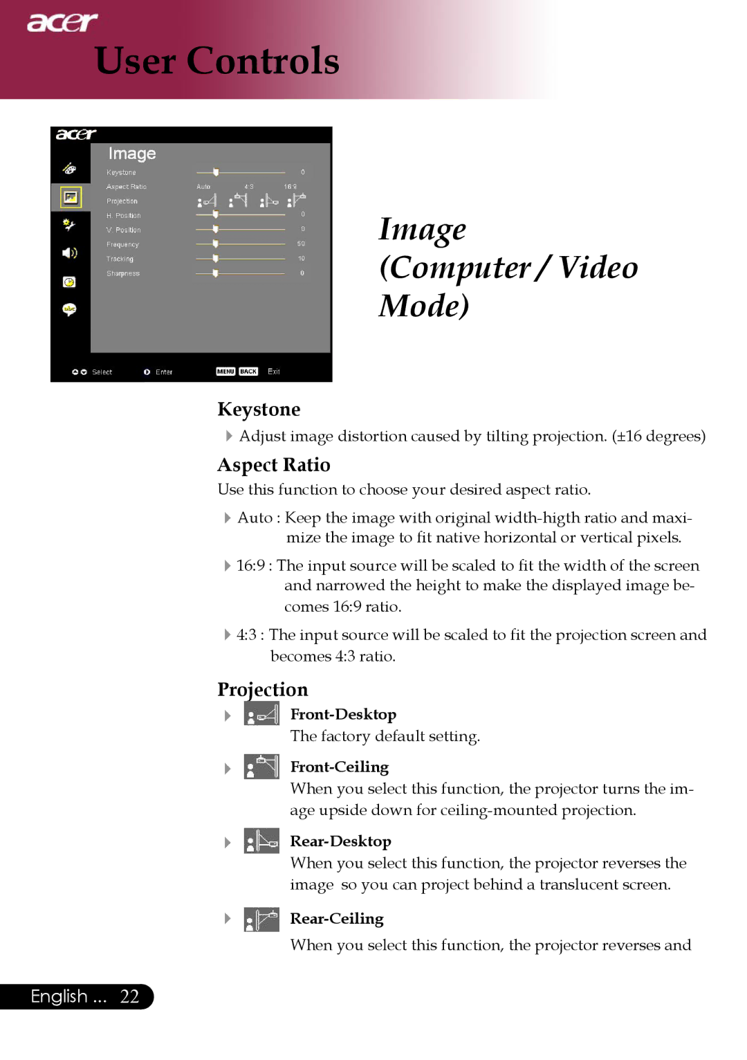 Acer PD323, PD311 manual Image Computer / Video Mode, Keystone, Aspect Ratio, Projection 