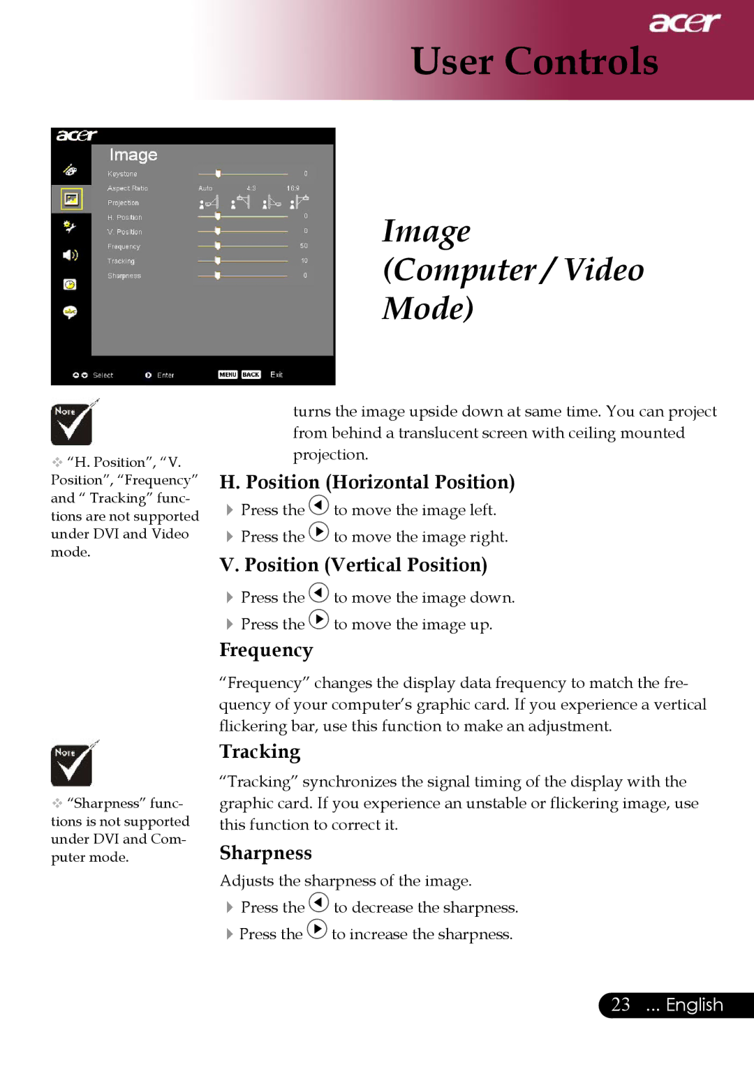 Acer PD311, PD323 manual Position Horizontal Position, Position Vertical Position, Frequency, Tracking, Sharpness 