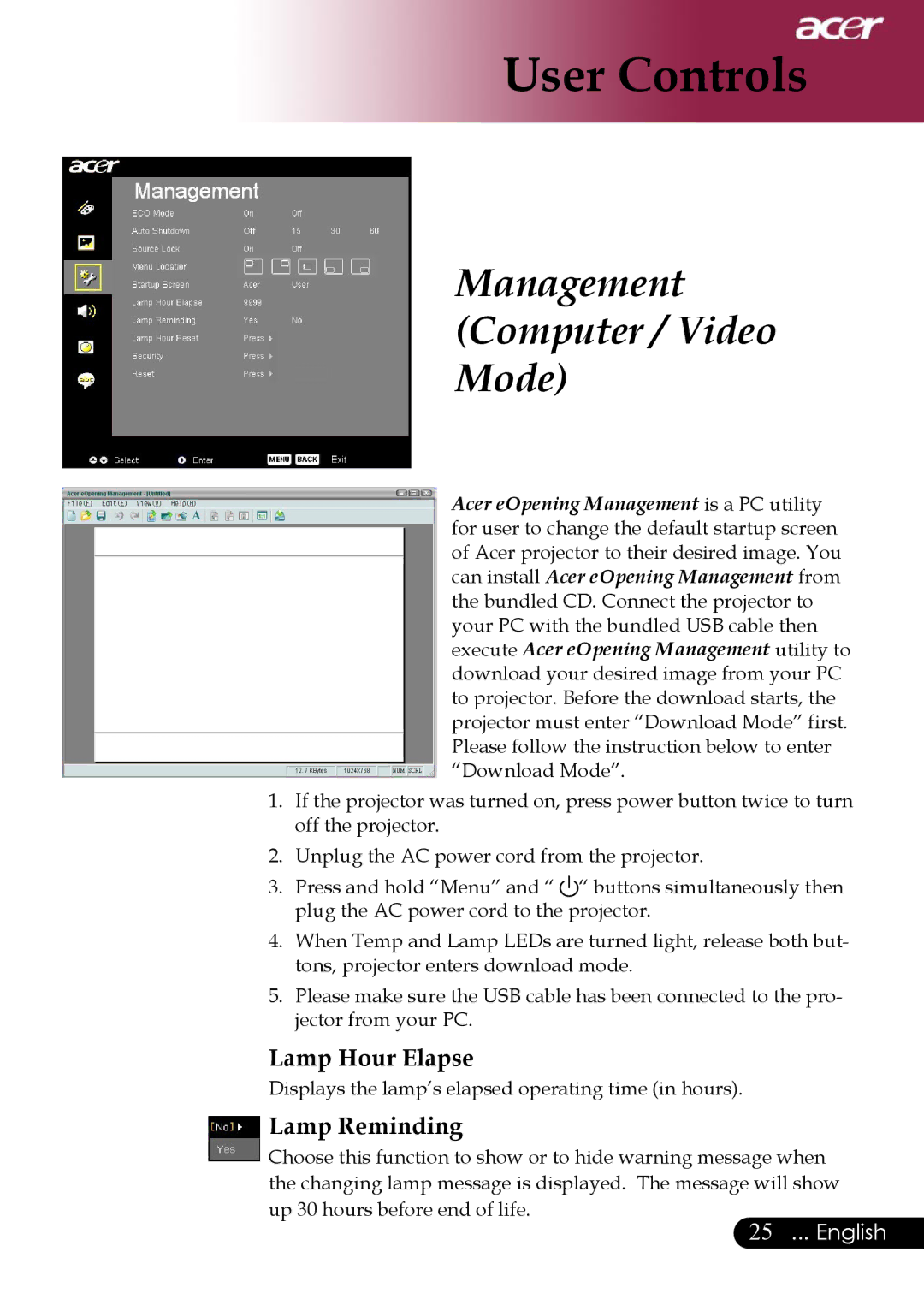 Acer PD311, PD323 manual Lamp Hour Elapse, Lamp Reminding 