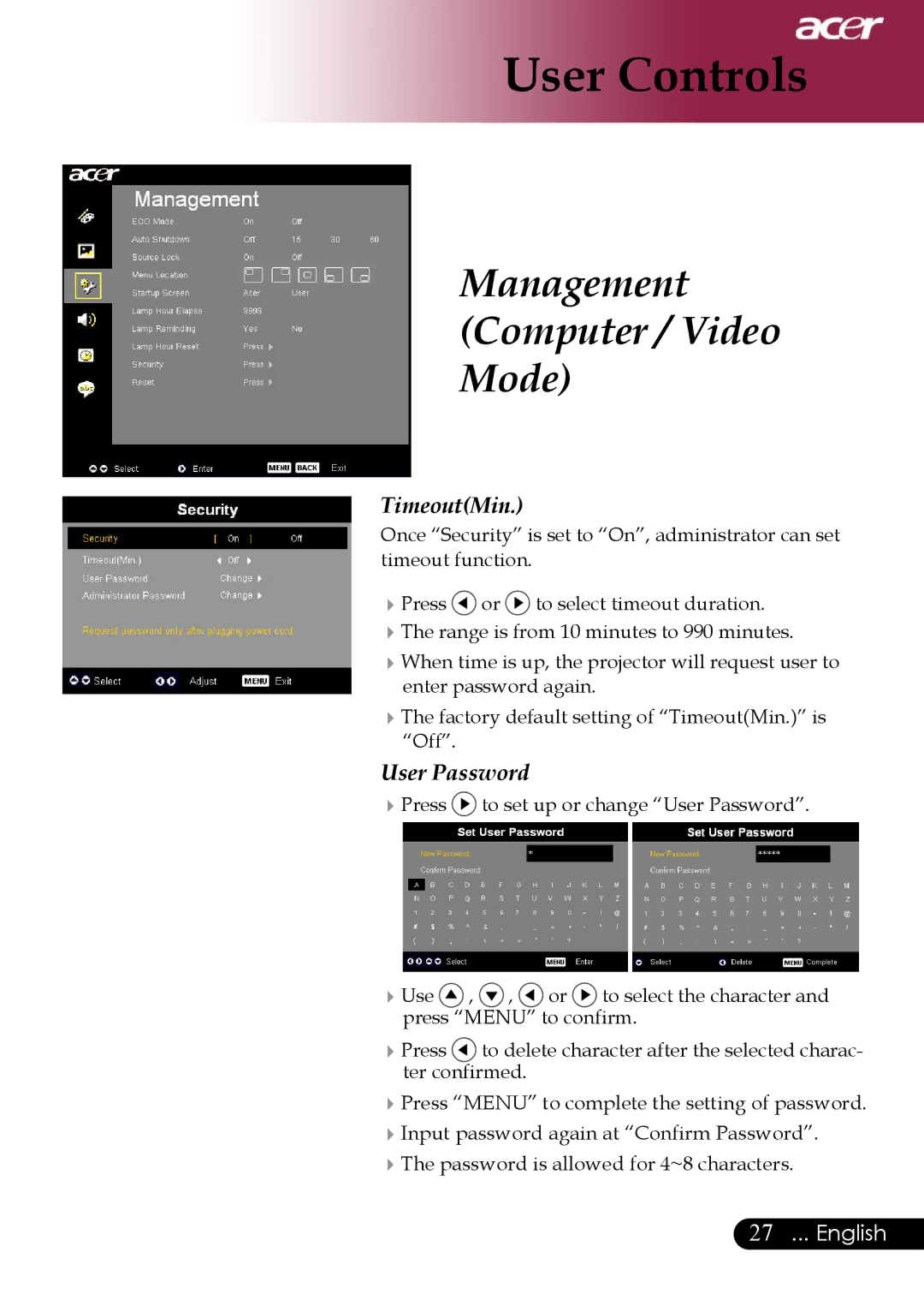 Acer PD311, PD323 manual TimeoutMin 