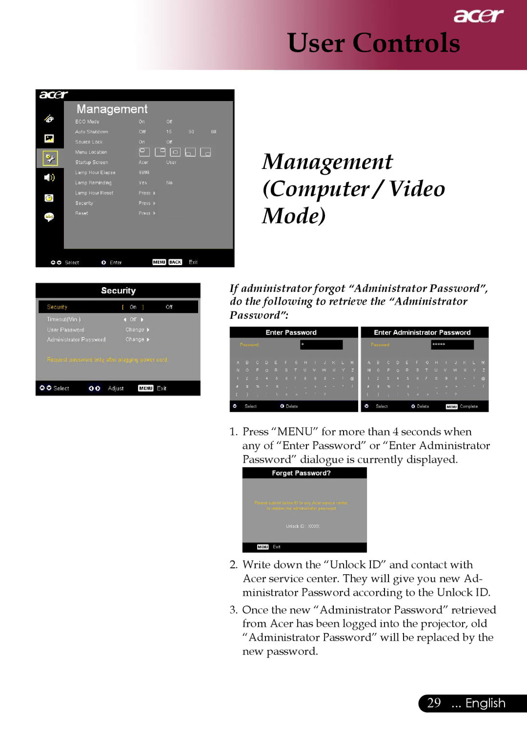 Acer PD311, PD323 manual User Controls 