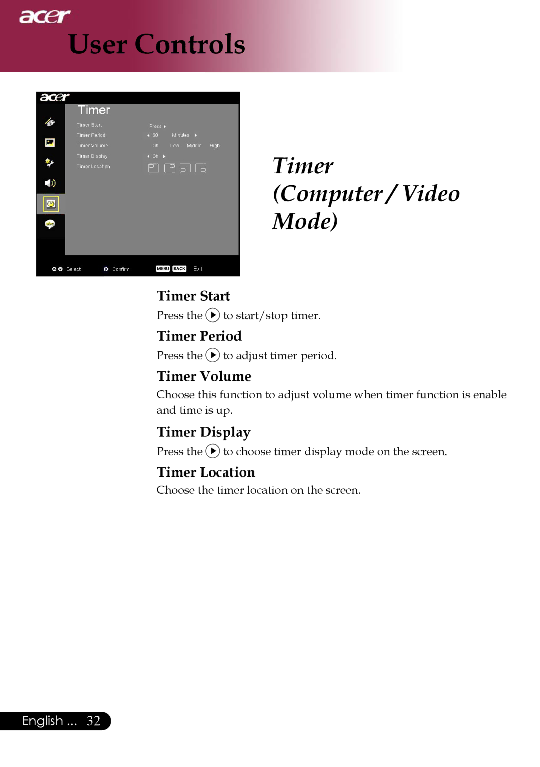 Acer PD323, PD311 manual Timer Computer / Video Mode 