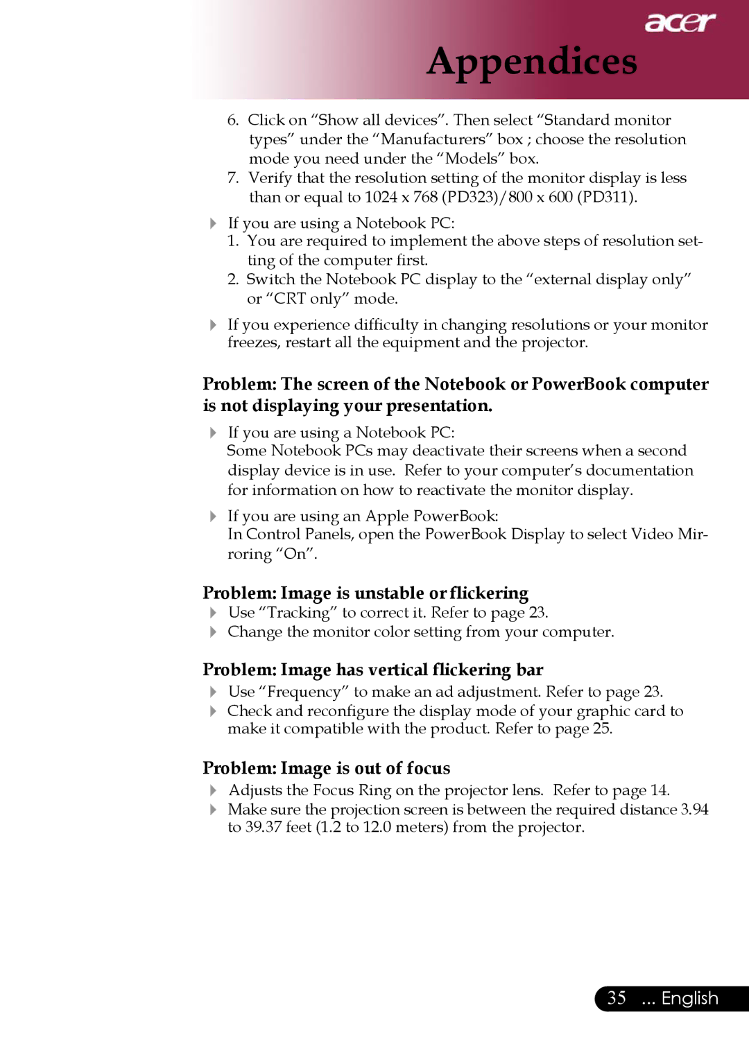 Acer PD311 Problem Image is unstable or ﬂickering, Problem Image has vertical ﬂickering bar, Problem Image is out of focus 