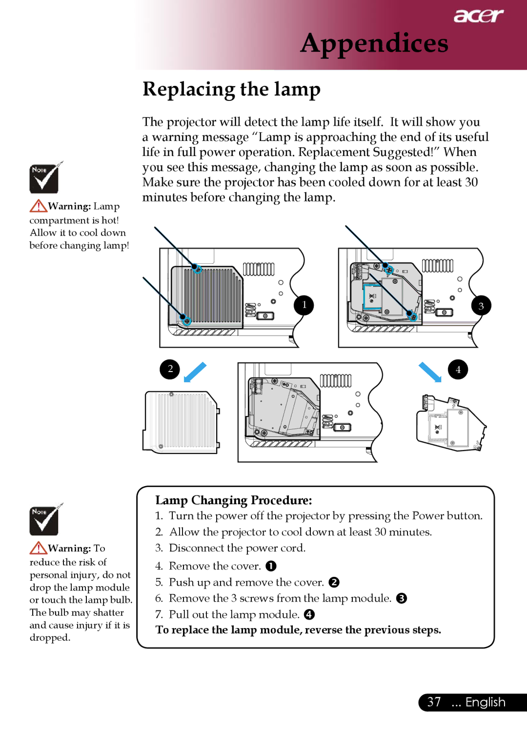 Acer PD311, PD323 manual Replacing the lamp, Lamp Changing Procedure 