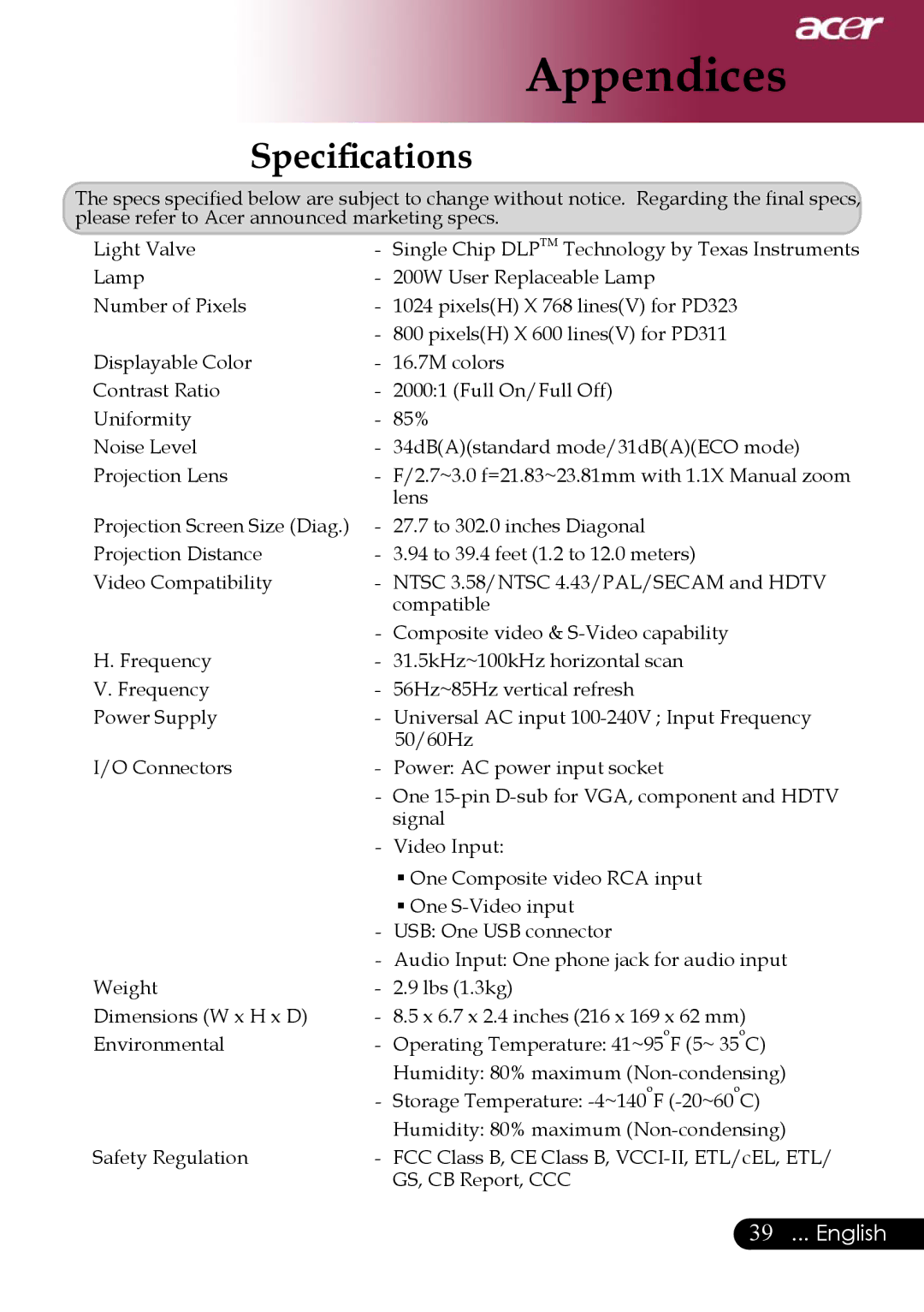 Acer PD311, PD323 manual Speciﬁcations 