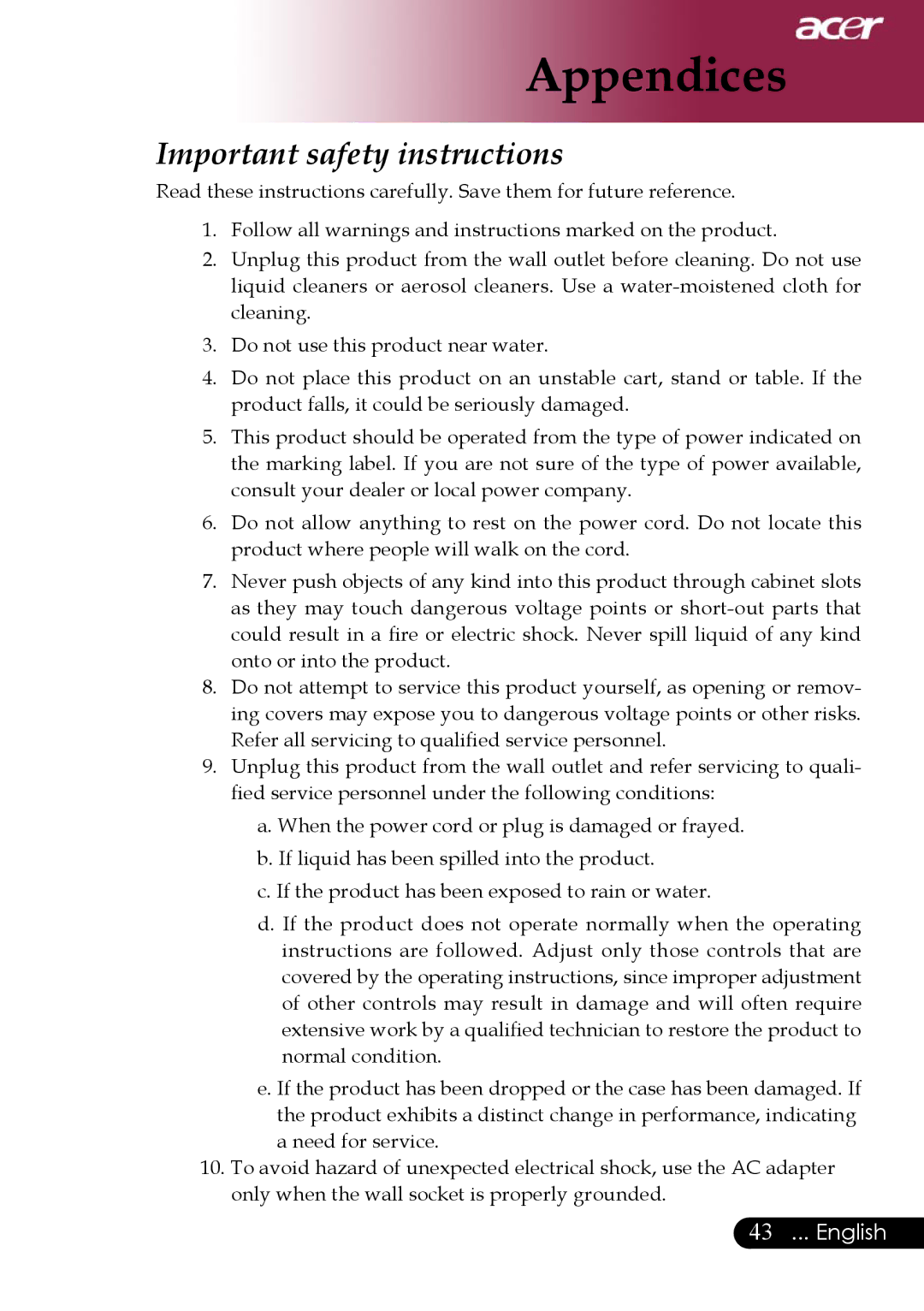 Acer PD311, PD323 manual Important safety instructions 