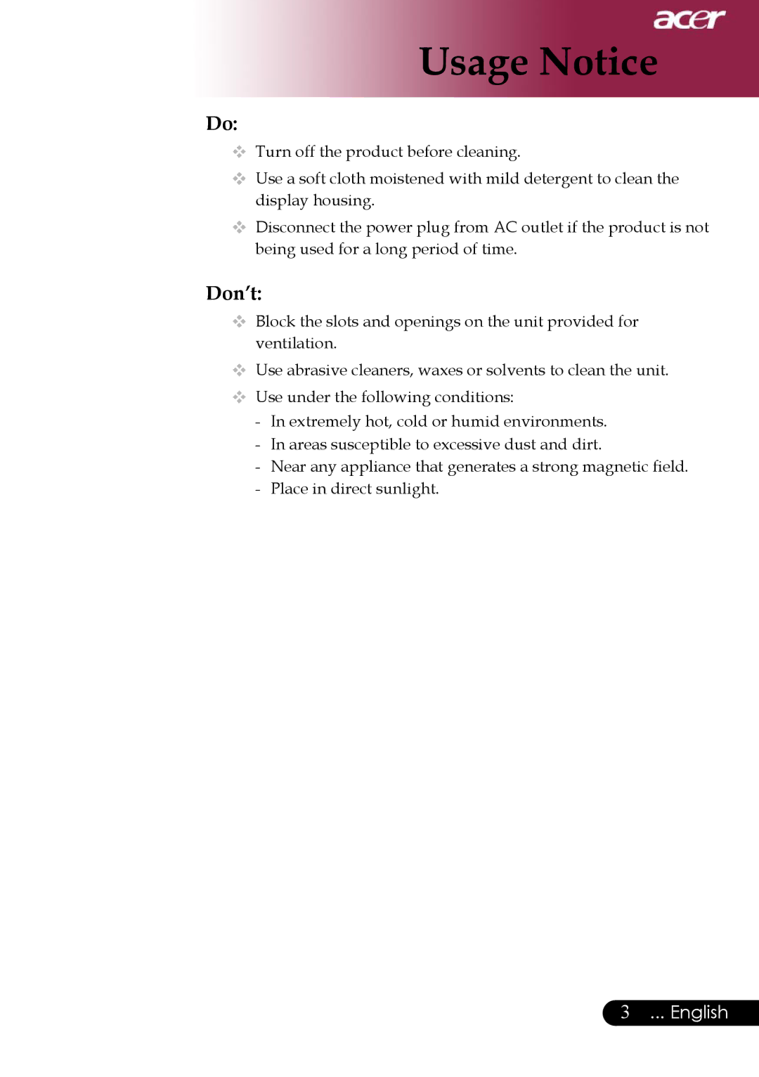 Acer PD311, PD323 manual Don’t 