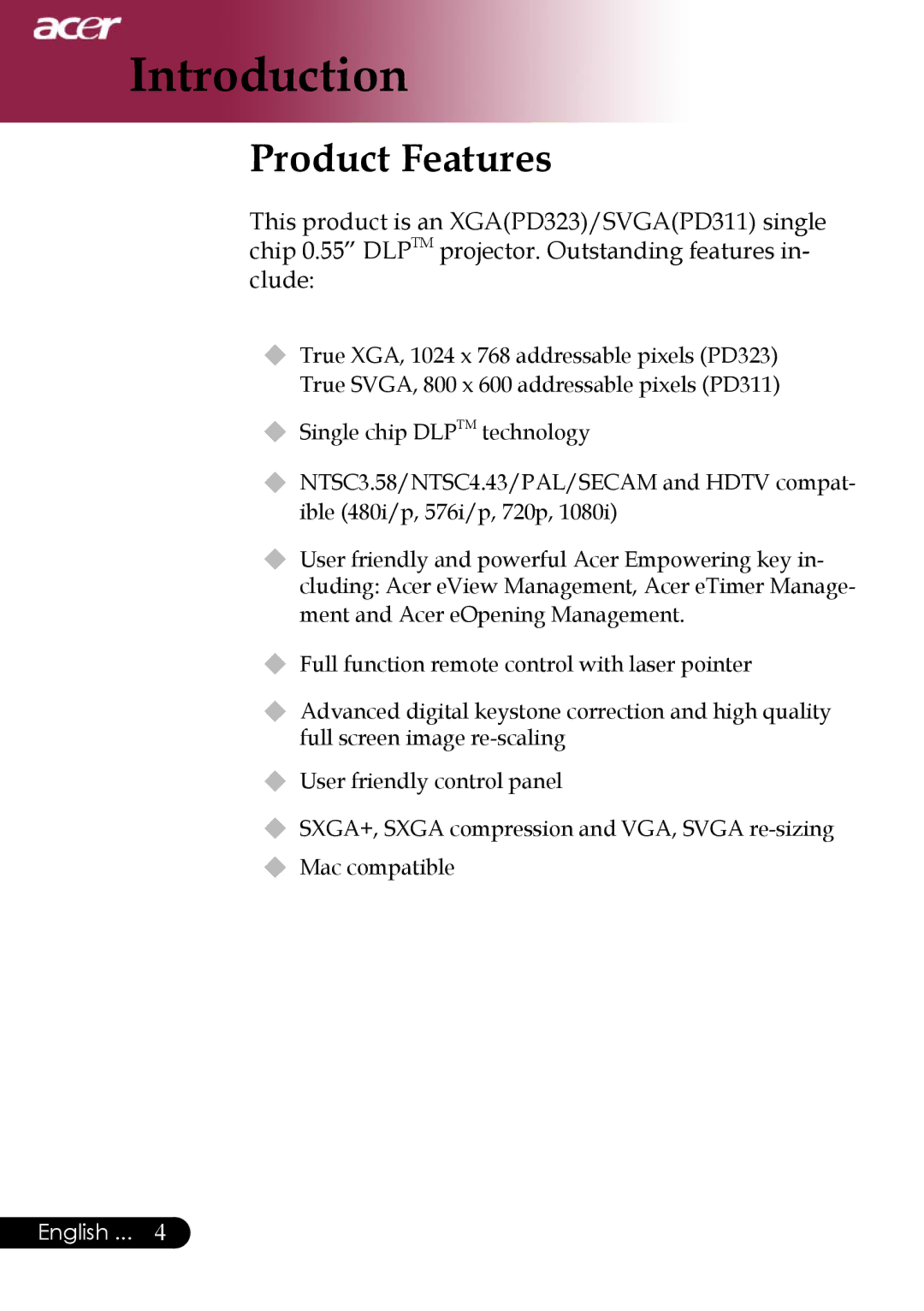 Acer PD323, PD311 manual Introduction, Product Features 