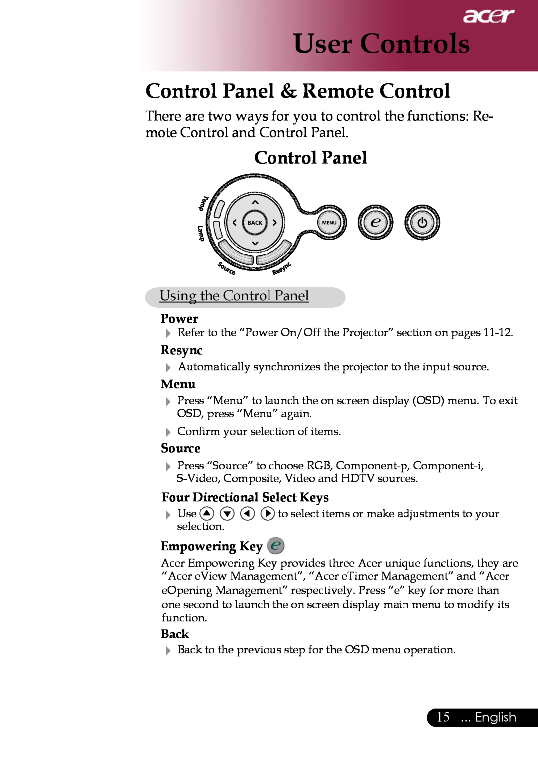 Acer PD311 manual User Controls, Control Panel & Remote Control, Using the Control Panel, Power, Resync, Menu, Source, Back 