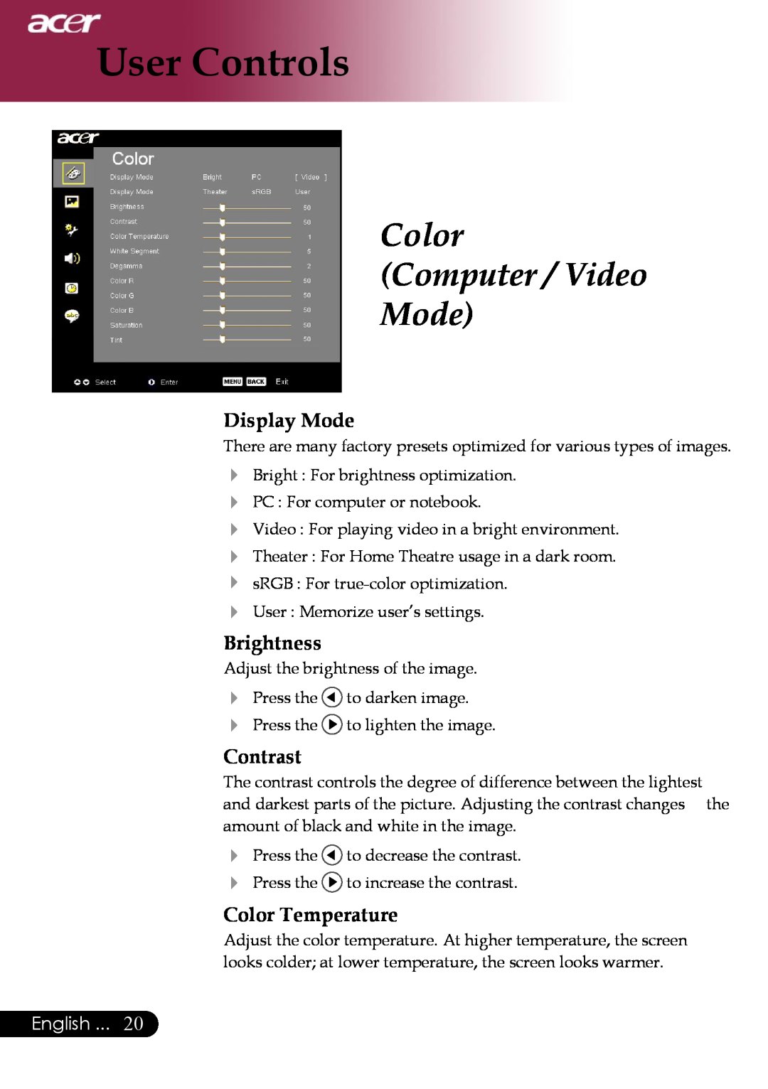 Acer PD323 Color Computer / Video Mode, Display Mode, Brightness, Contrast, Color Temperature, User Controls, English 