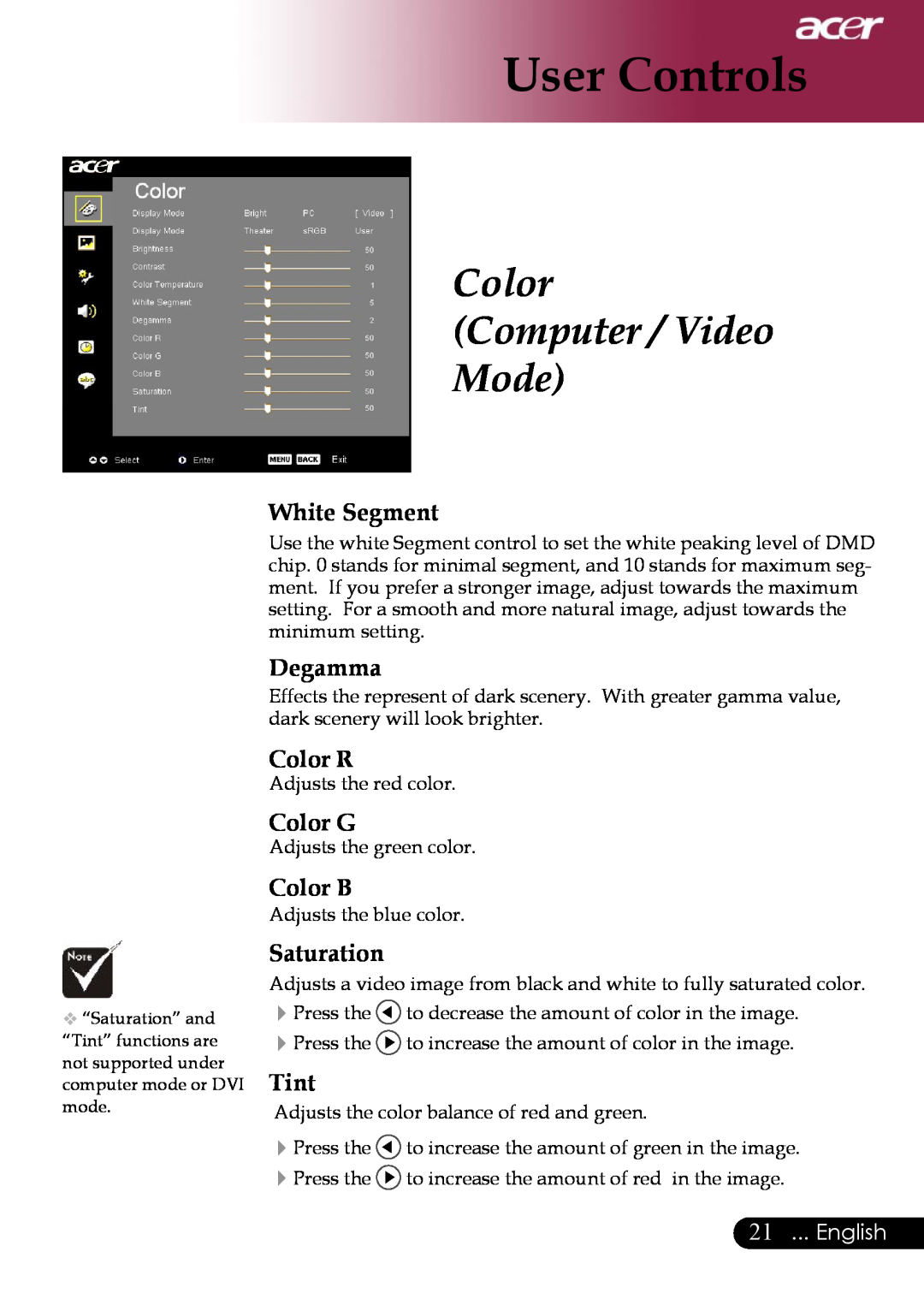 Acer PD311, PD323 manual White Segment, Degamma, Color R, Color G, Color B, Saturation, Tint, English, User Controls 