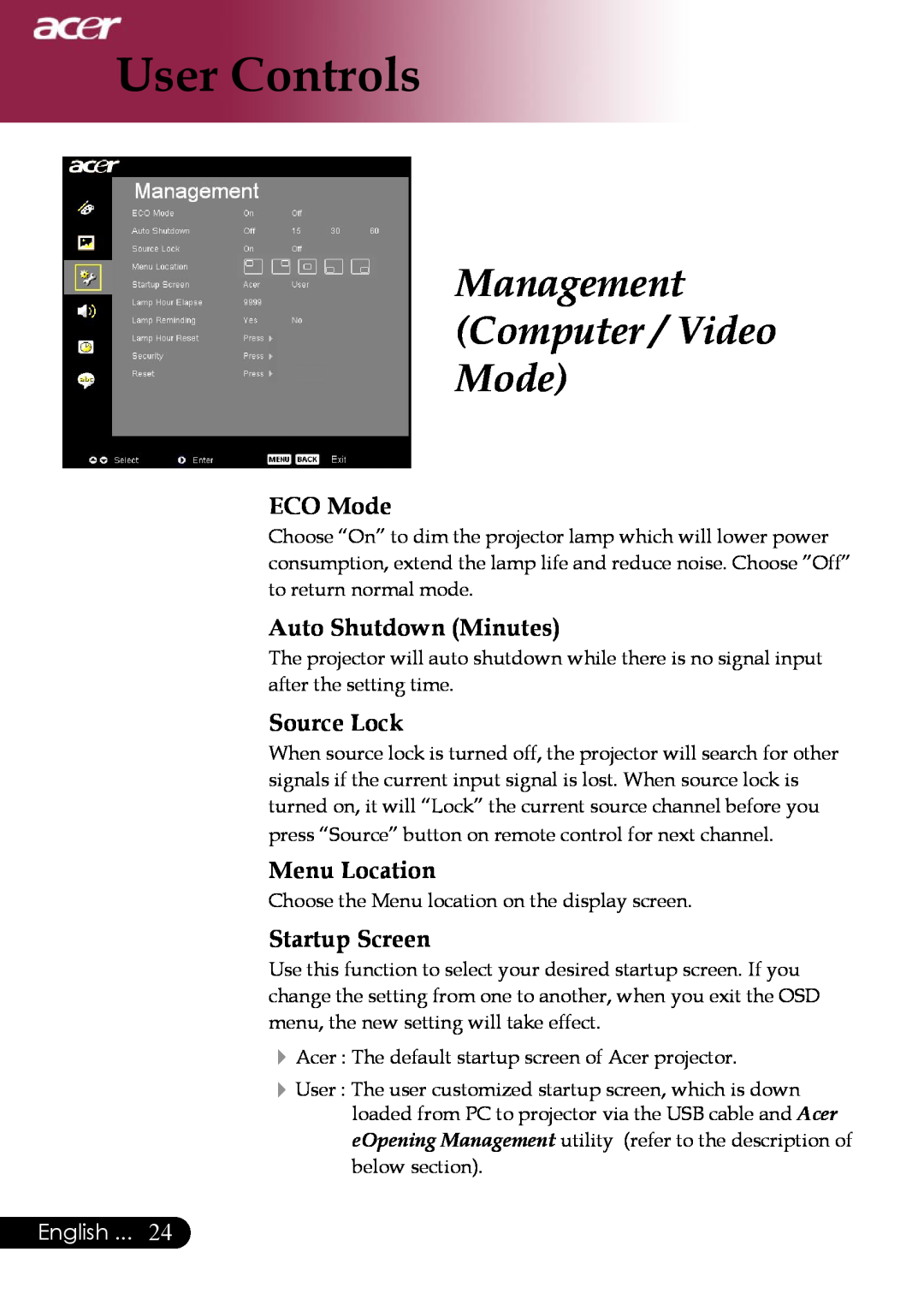 Acer PD323 Management Computer / Video Mode, ECO Mode, Auto Shutdown Minutes, Source Lock, Menu Location, Startup Screen 
