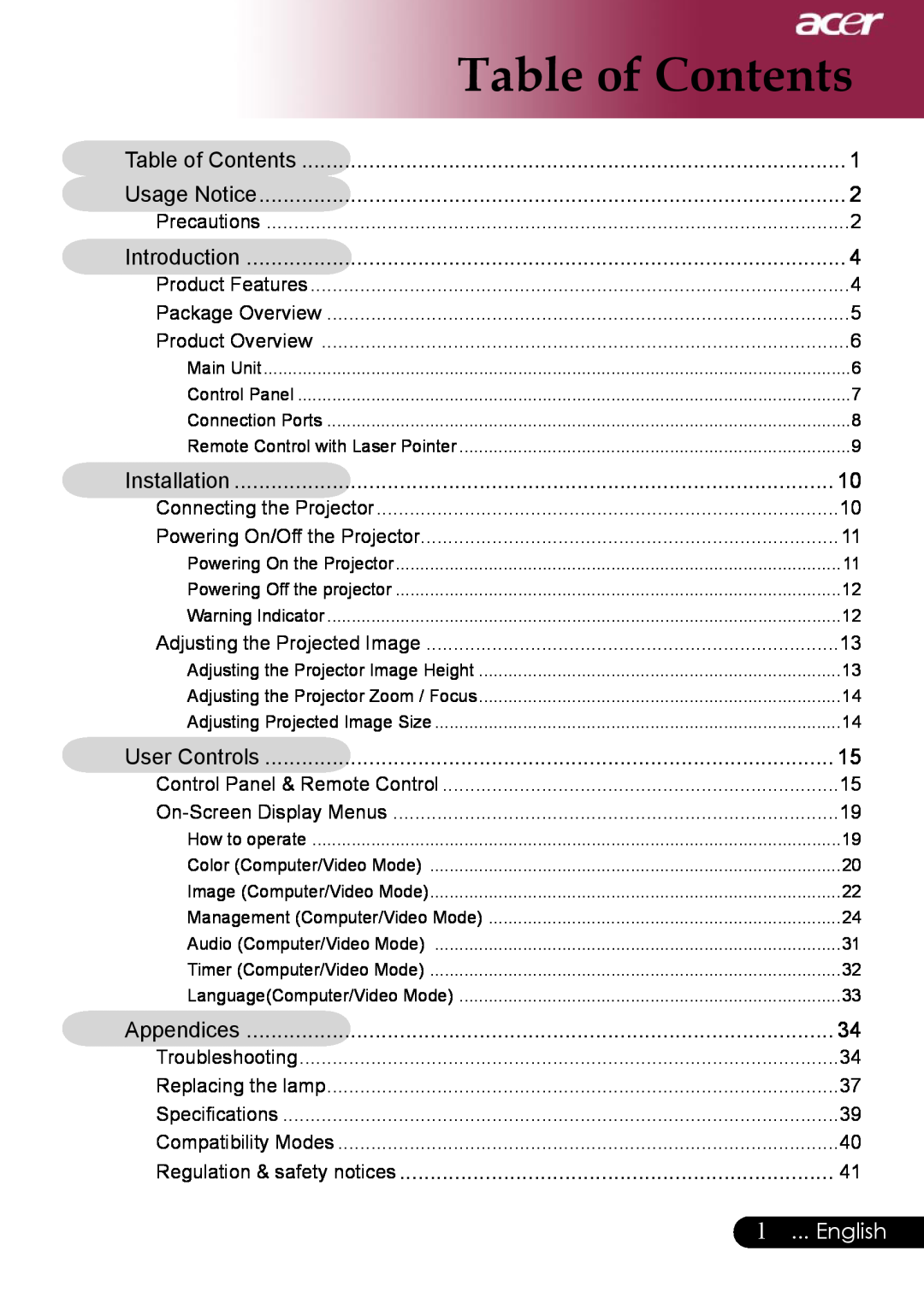 Acer PD311, PD323 manual Table of Contents, English 