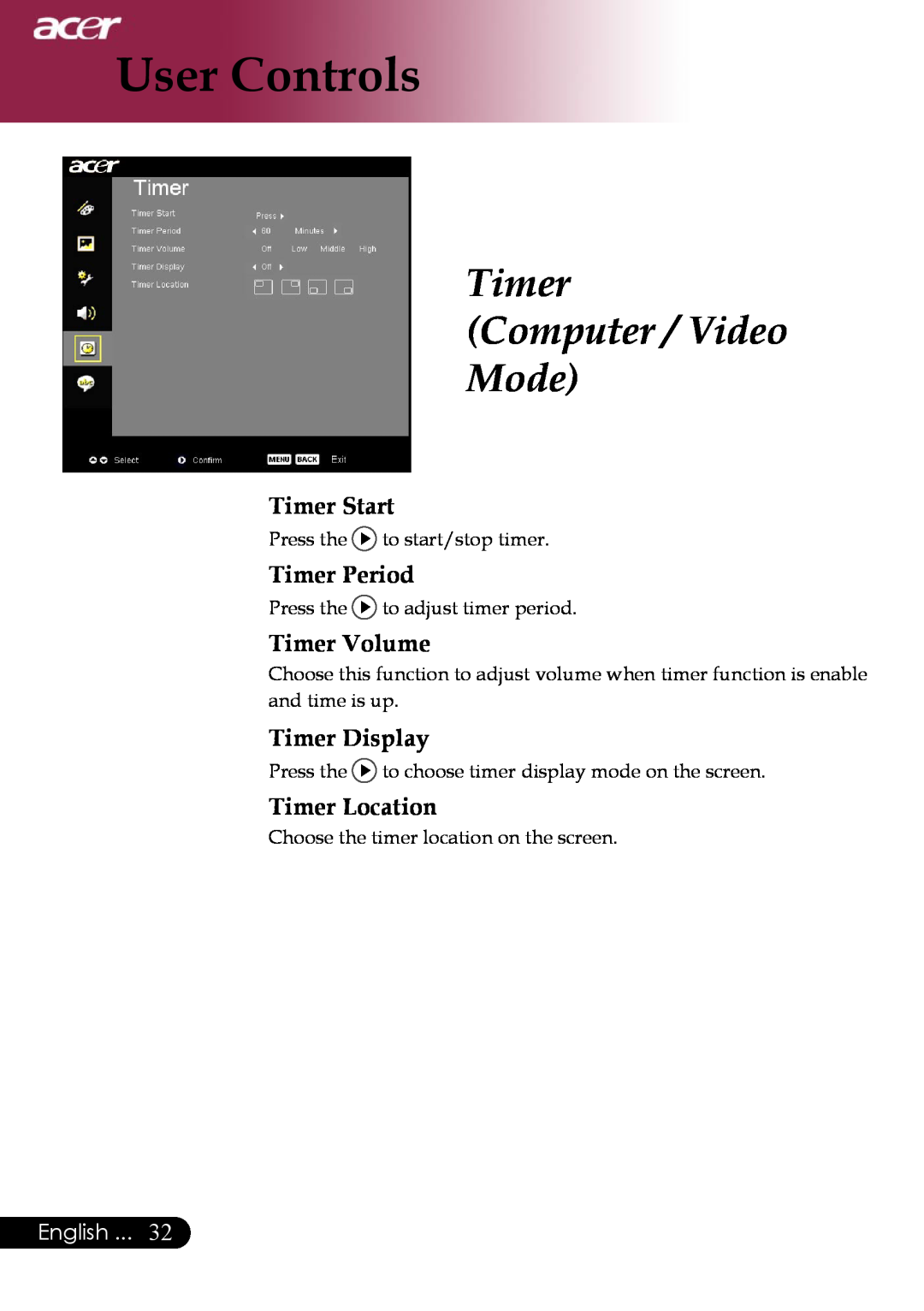 Acer PD323 Timer Computer / Video Mode, Timer Start, Timer Period, Timer Volume, Timer Display, Timer Location, English 