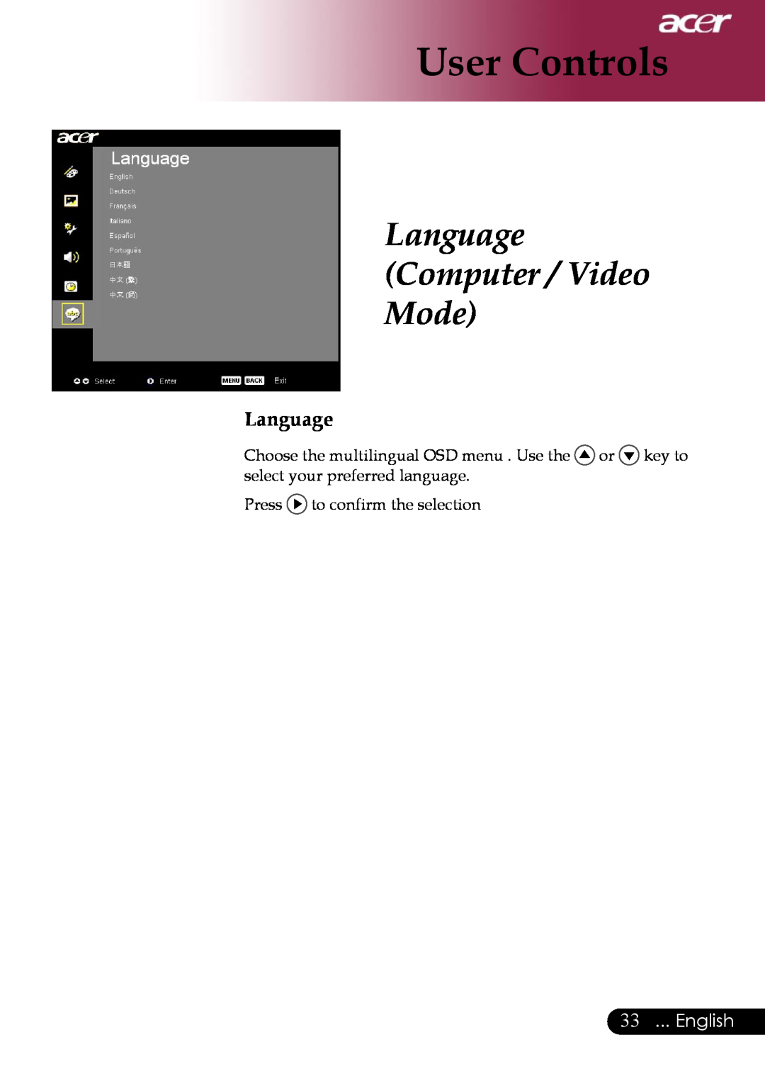 Acer PD311, PD323 manual Language Computer / Video Mode, English, User Controls 