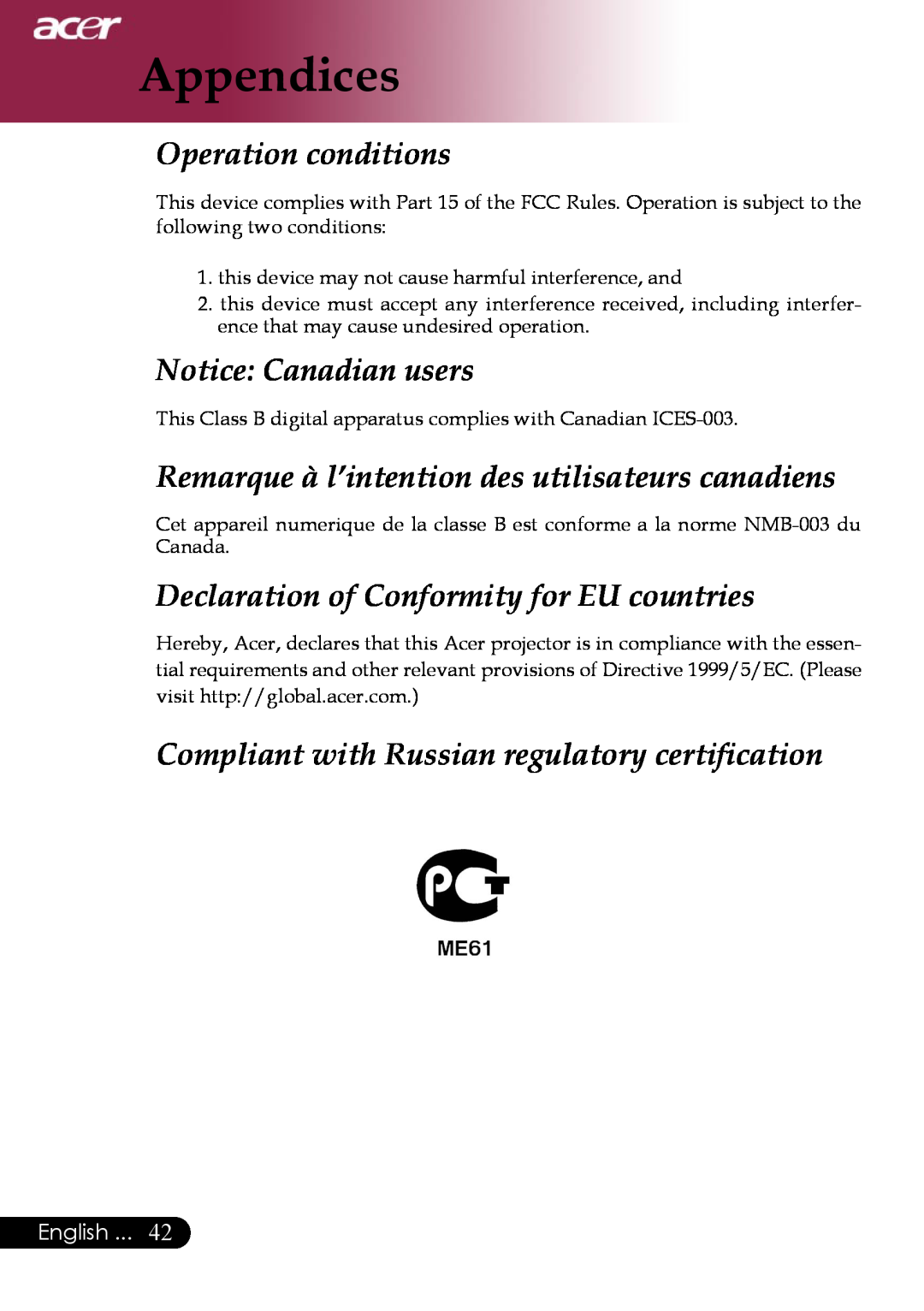 Acer PD323 Operation conditions, Notice Canadian users, Remarque à l’intention des utilisateurs canadiens, Appendices 