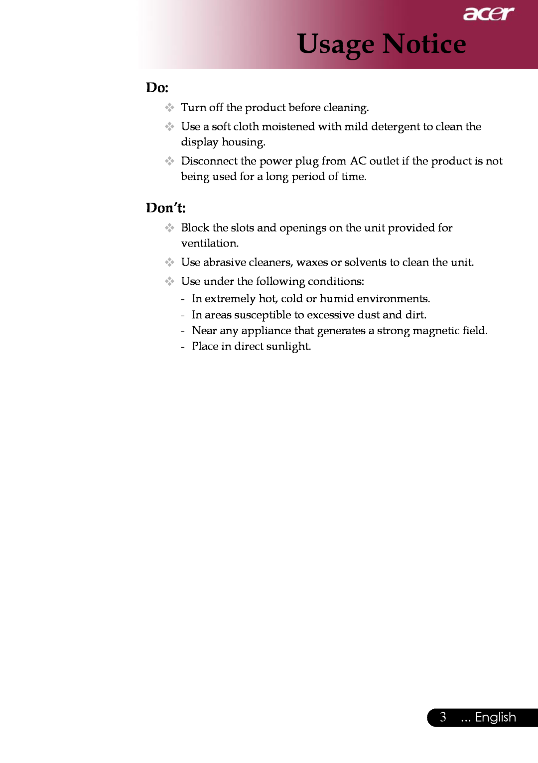 Acer PD311, PD323 manual Don’t, English, Usage Notice 