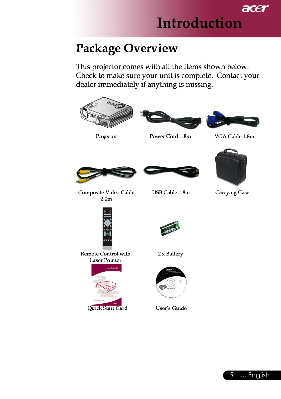 Acer PD311 Package Overview, English, Introduction, Projector, Power Cord 1.8m, Composite Video Cable, USB Cable 1.8m 