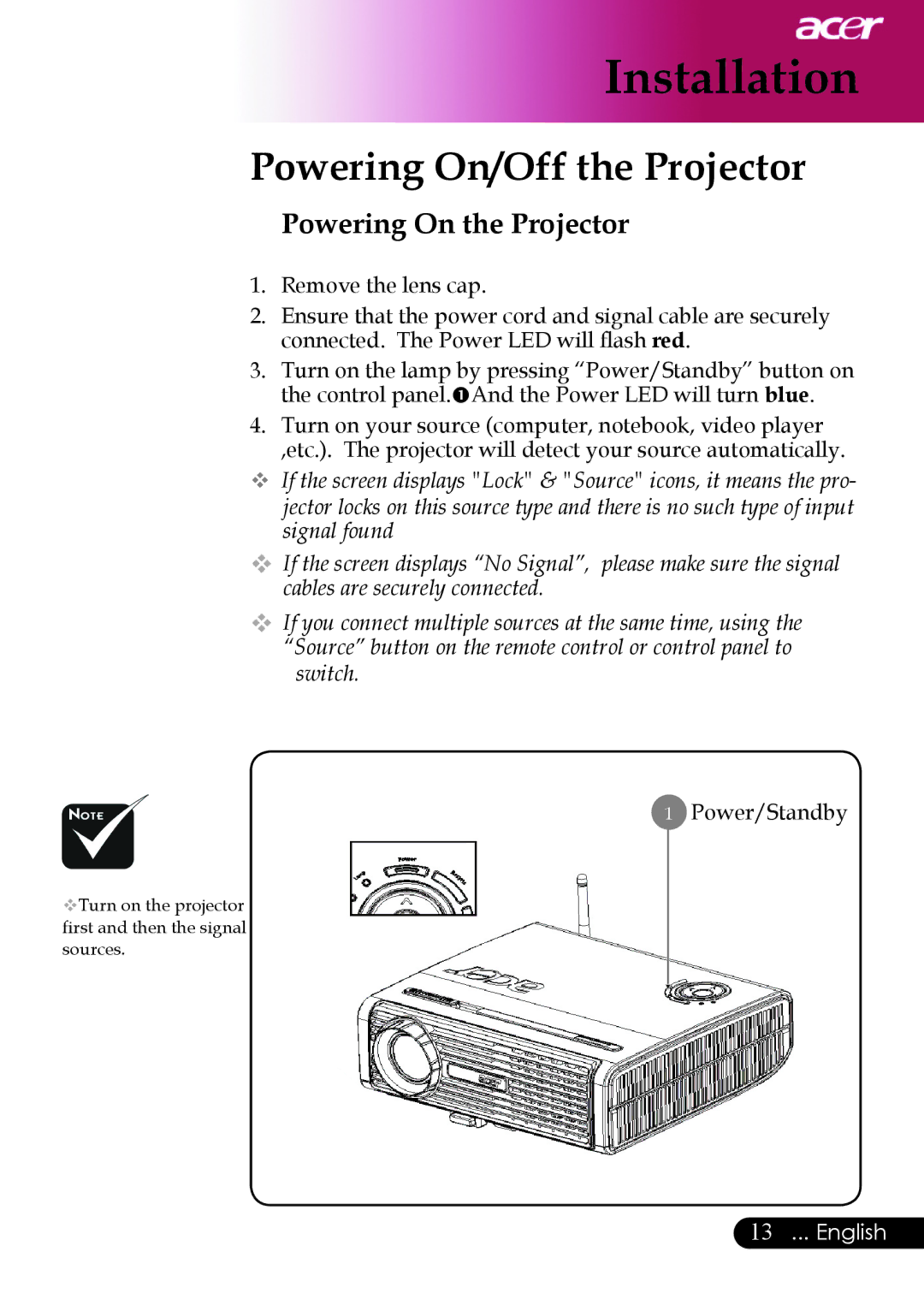 Acer PD523P, PD527 series, PD525P manual Powering On/Off the Projector, Powering On the Projector 