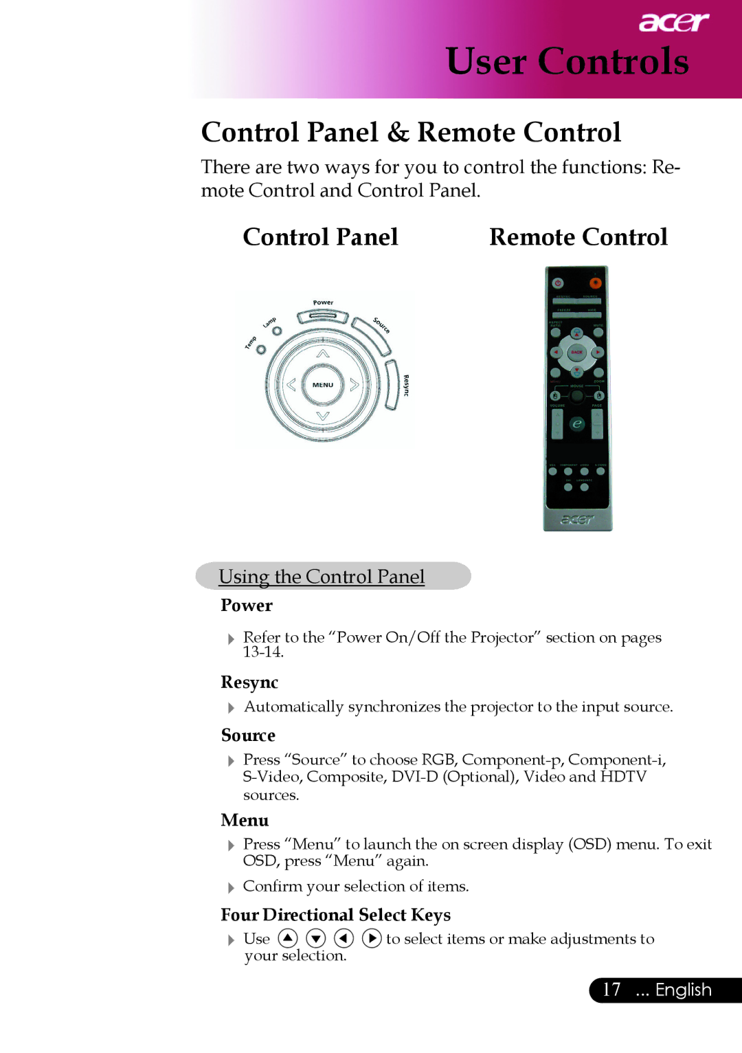 Acer PD527 series, PD523P, PD525P manual Control Panel & Remote Control 