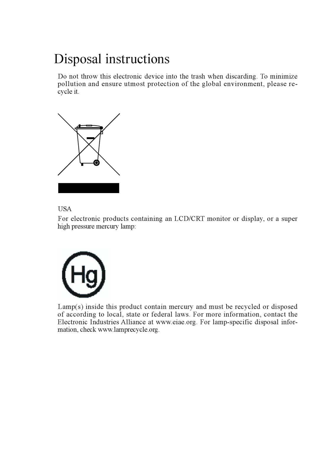 Acer PD525P, PD523P, PD527 series manual Disposal instructions 