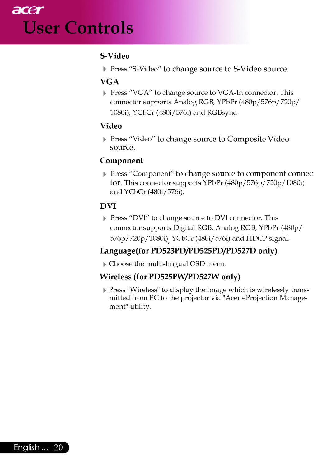 Acer PD527 series manual Video, Component, Languagefor PD523PD/PD525PD/PD527D only, Wireless for PD525PW/PD527W only 