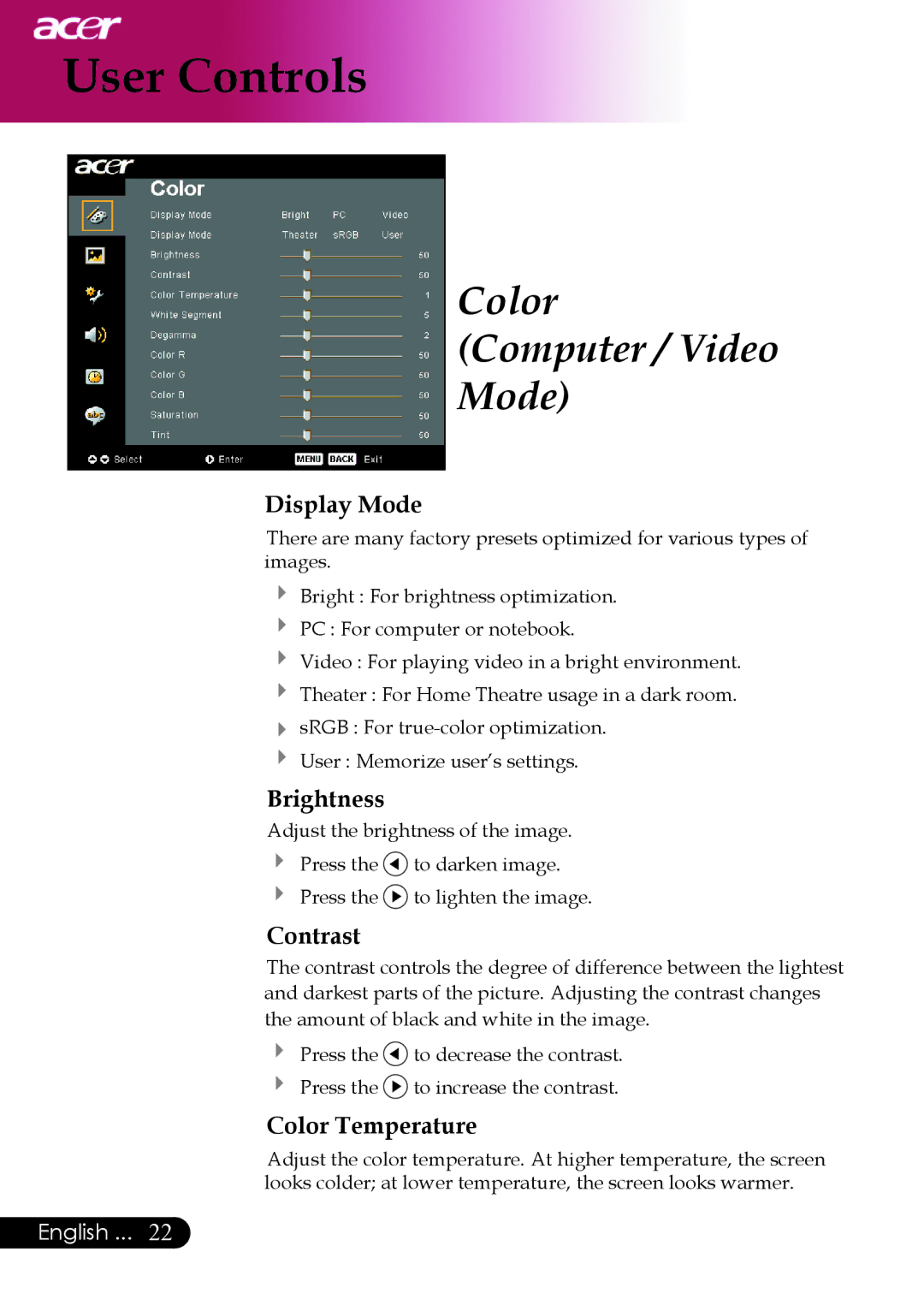 Acer PD523P, PD527 series, PD525P manual Display Mode, Brightness, Contrast, Color Temperature 