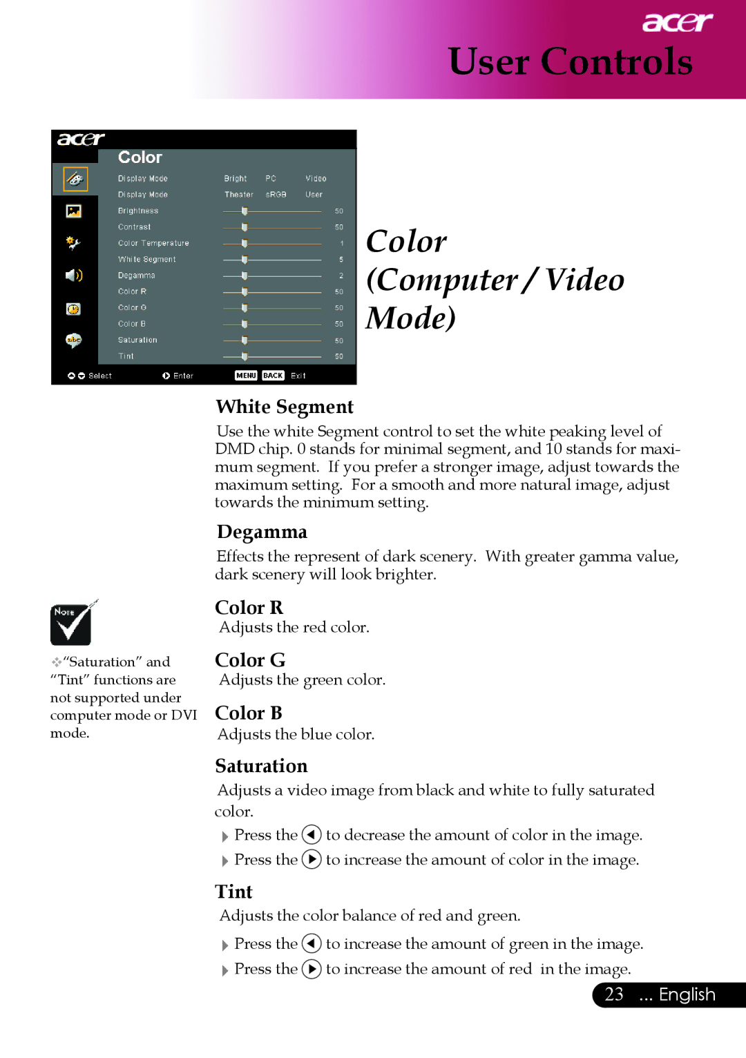 Acer PD527 series, PD523P, PD525P manual White Segment, Degamma, Color R, Color G, Color B, Saturation, Tint 