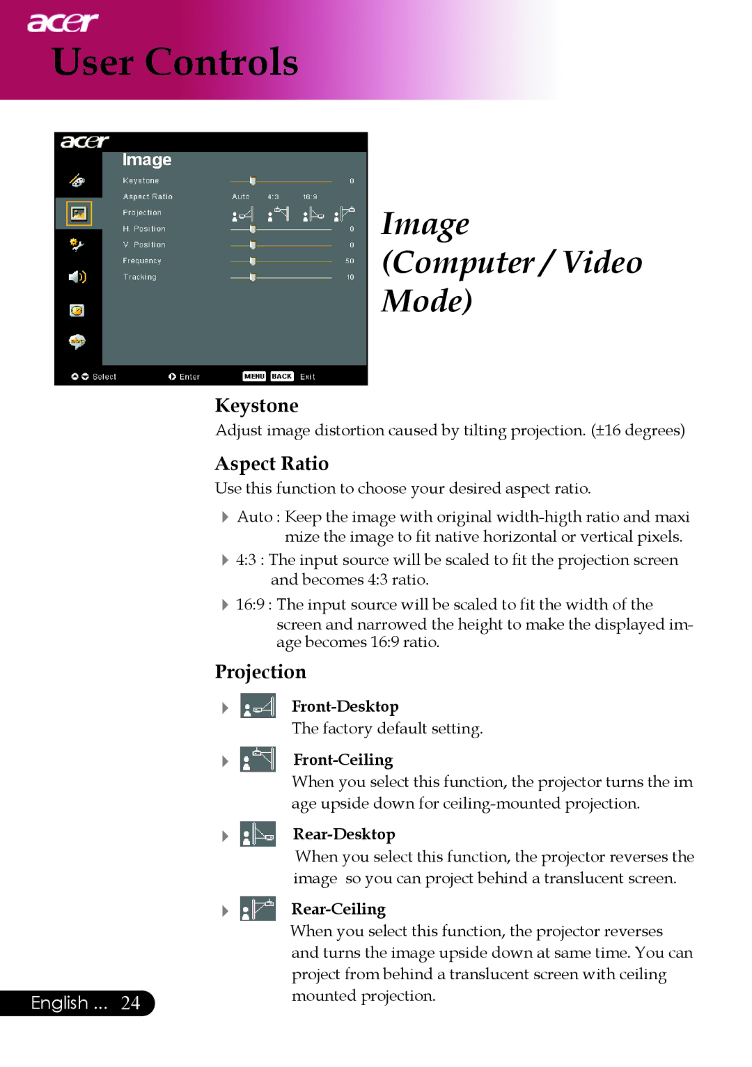 Acer PD525P, PD523P, PD527 series manual Keystone, Aspect Ratio, Projection 