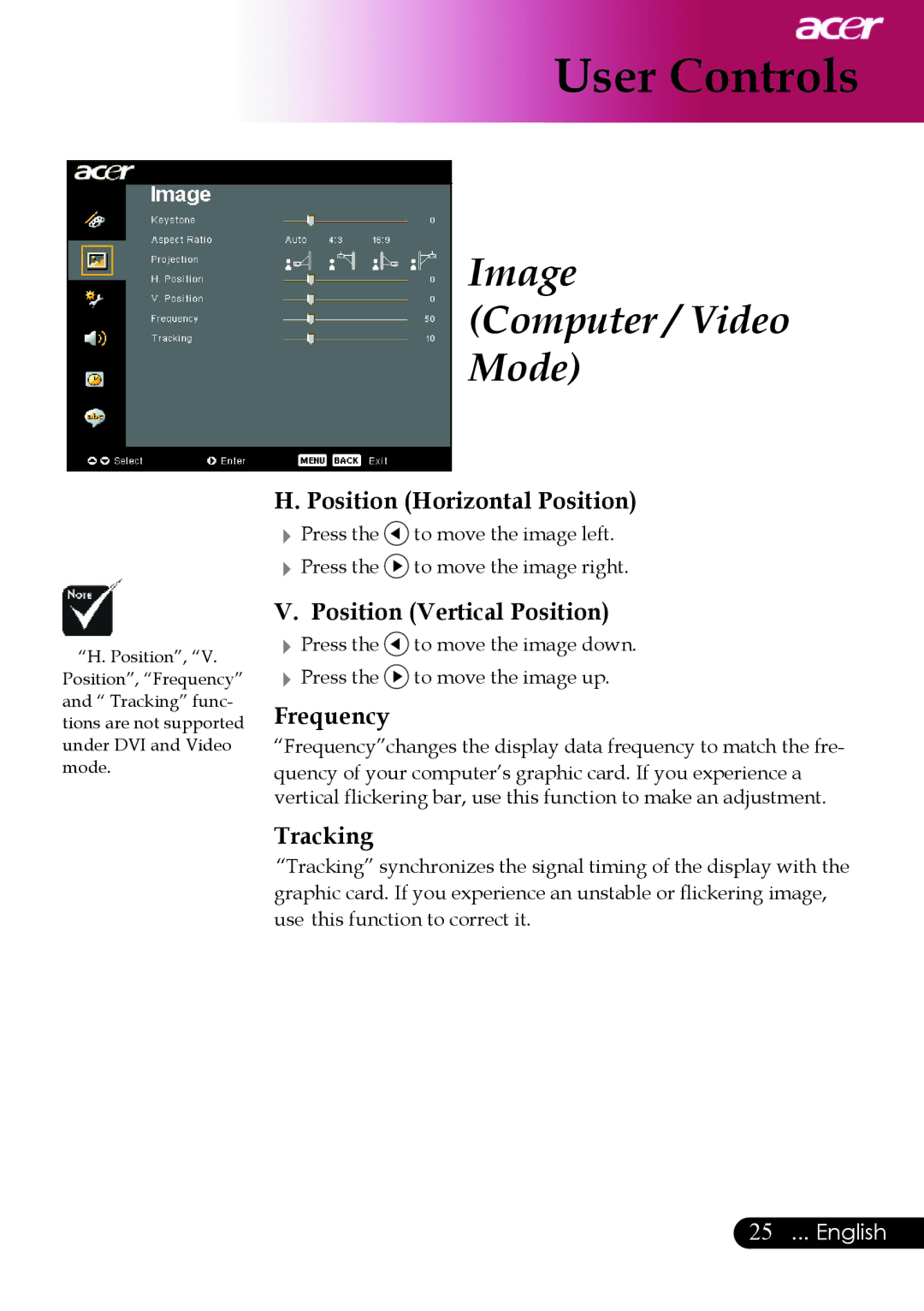 Acer PD523P, PD527 series, PD525P manual Position Horizontal Position, Position Vertical Position, Frequency, Tracking 