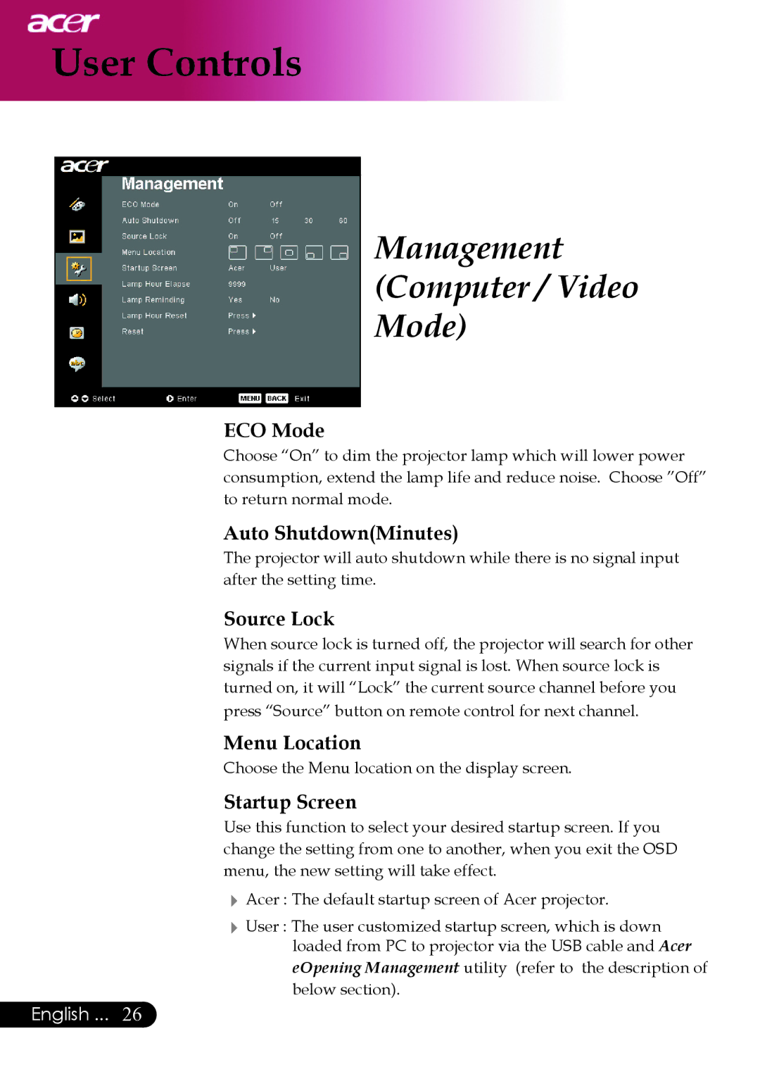 Acer PD527 series, PD523P, PD525P manual ECO Mode, Auto ShutdownMinutes, Source Lock, Menu Location, Startup Screen 