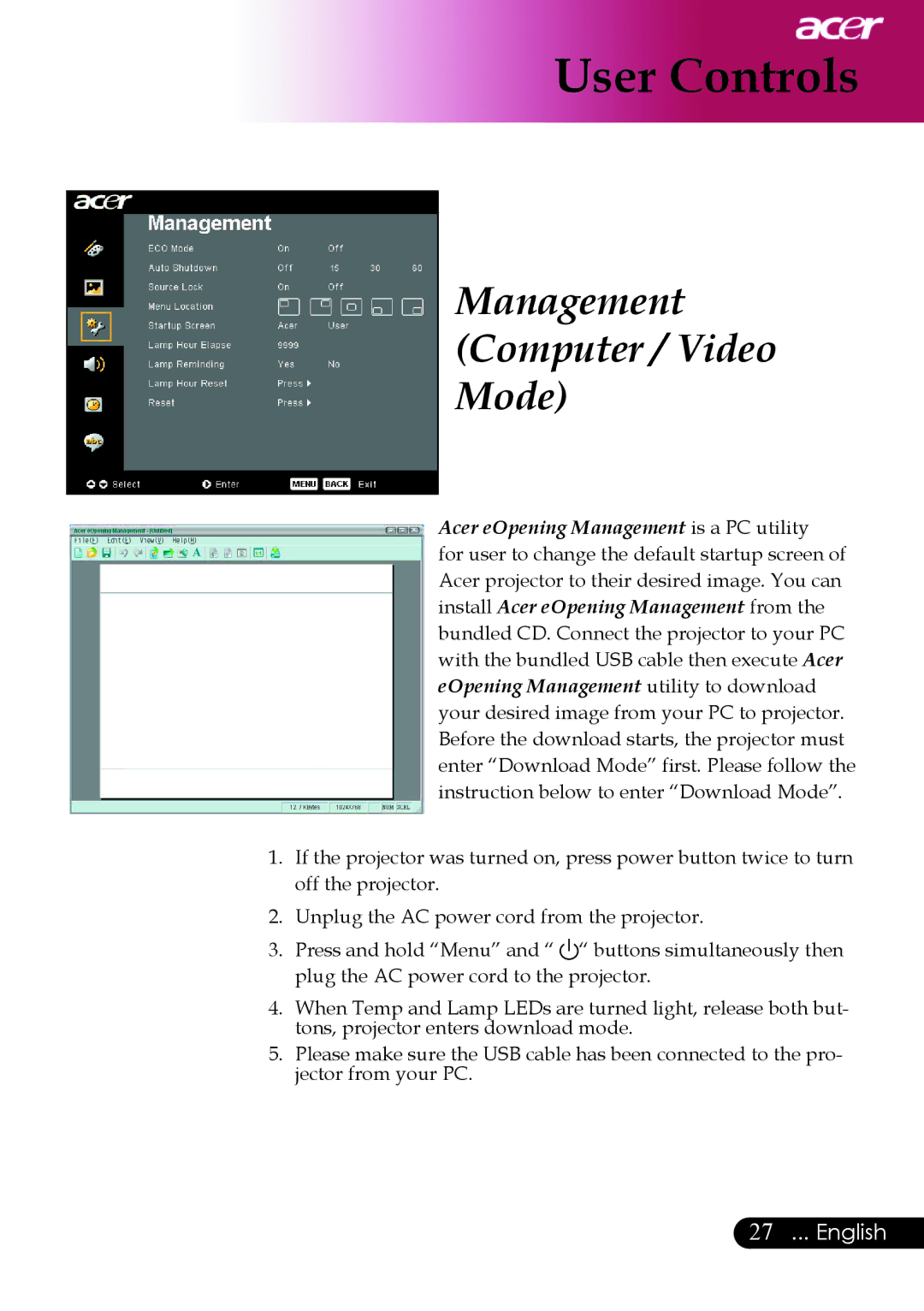 Acer PD525P, PD523P, PD527 series manual Acer eOpening Management is a PC utility 