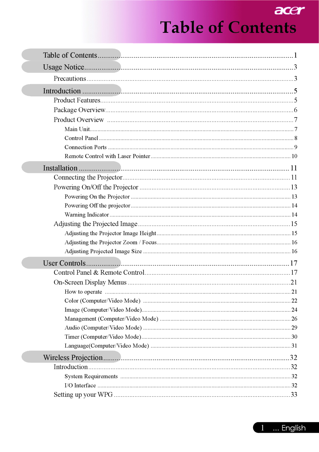 Acer PD523P, PD527 series, PD525P manual Table of Contents 