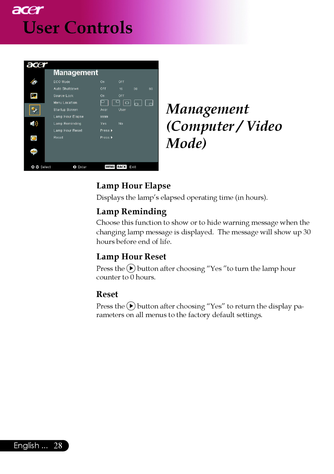 Acer PD523P, PD527 series, PD525P manual Lamp Hour Elapse, Lamp Reminding, Lamp Hour Reset 
