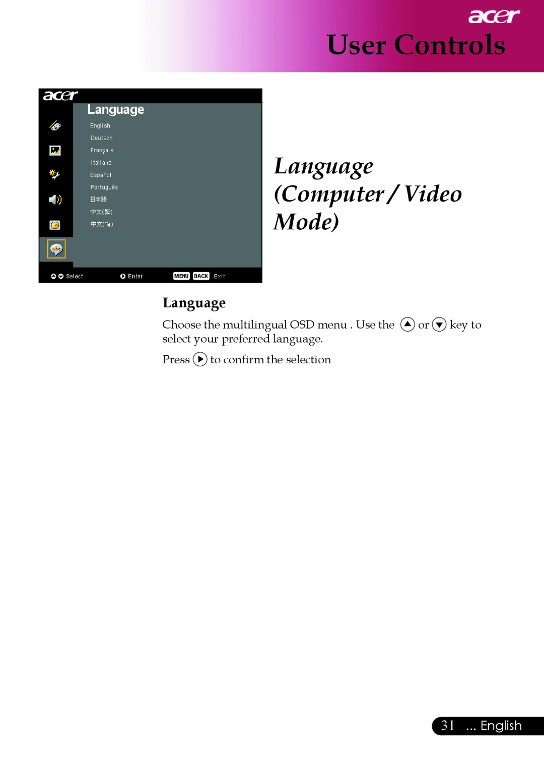 Acer PD523P, PD527 series, PD525P manual Language Computer / Video Mode 