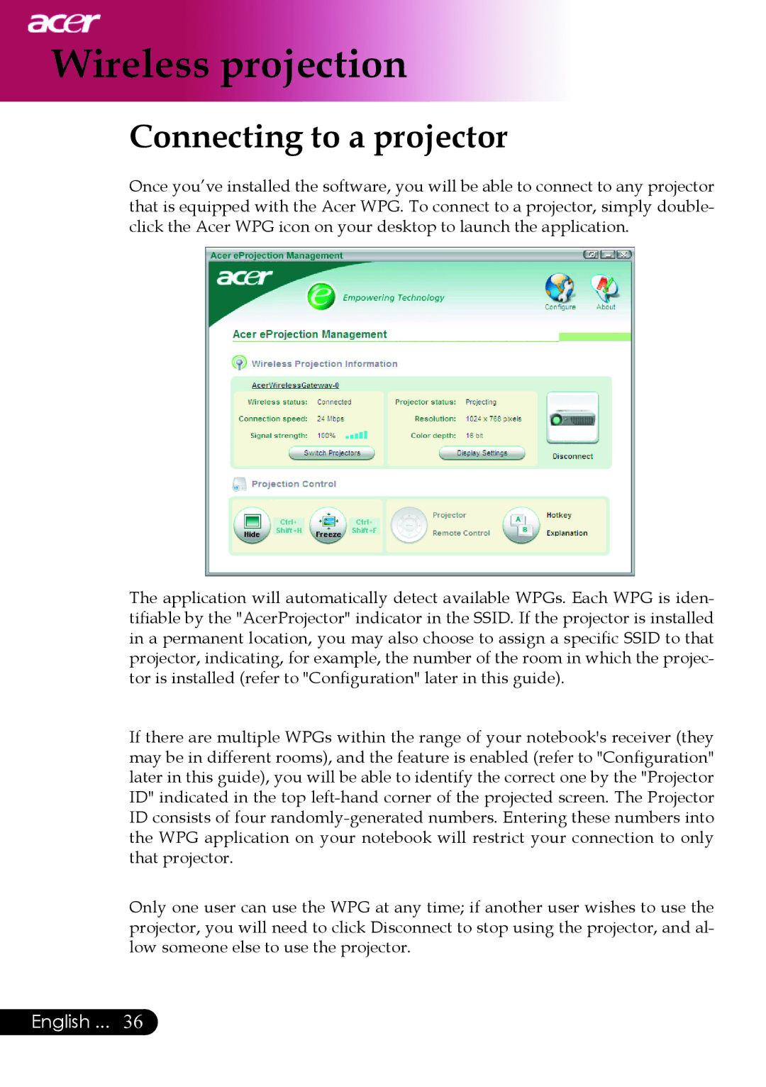 Acer PD525P, PD523P, PD527 series manual Connecting to a projector 