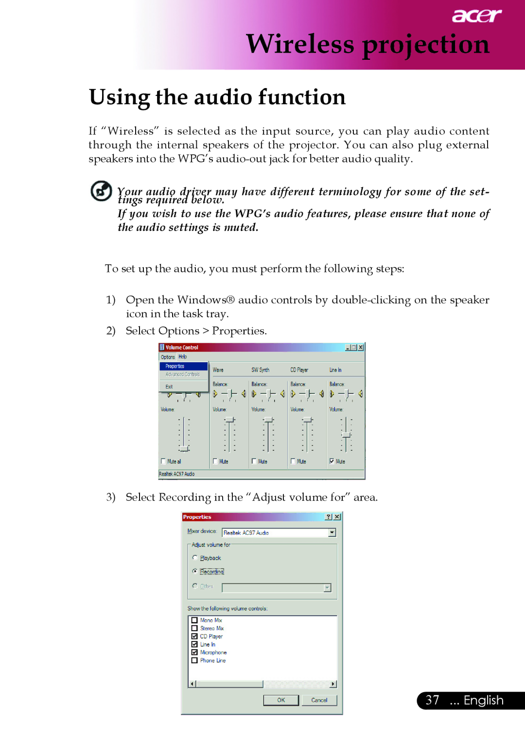 Acer PD523P, PD527 series, PD525P manual Using the audio function 